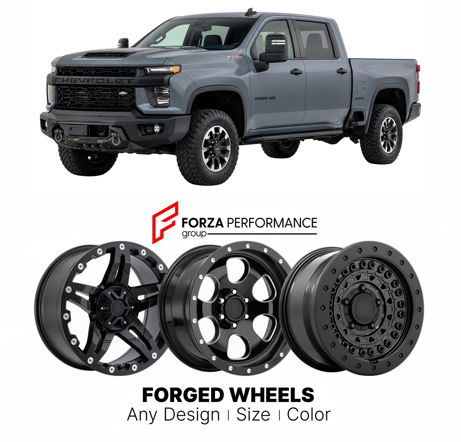 FORGED WHEELS RIMS for CHEVROLET SILVERADO HD ZR2 BISON T1XX 2020 - 2026

Custom forged wheels for Chevrolet Silverado HD ZR2 Bison T1XX 2020 - 2026. Made-to-order monoblock, 2-piece and 3-piece rims in custom sizes, offsets, colors and finishes with guaranteed fitment.

We manufacture premium quality forged wheels rims for Chevrolet Silverado HD ZR2 Bison T1XX 2020 - 2026 in any design, size, color.

THIS WHEEL DESIGN CAN BE CUSTOM-MADE FOR YOUR CAR IN ANY SIZE AND COLOR OPTIONS
Available in monoblock, 2-p