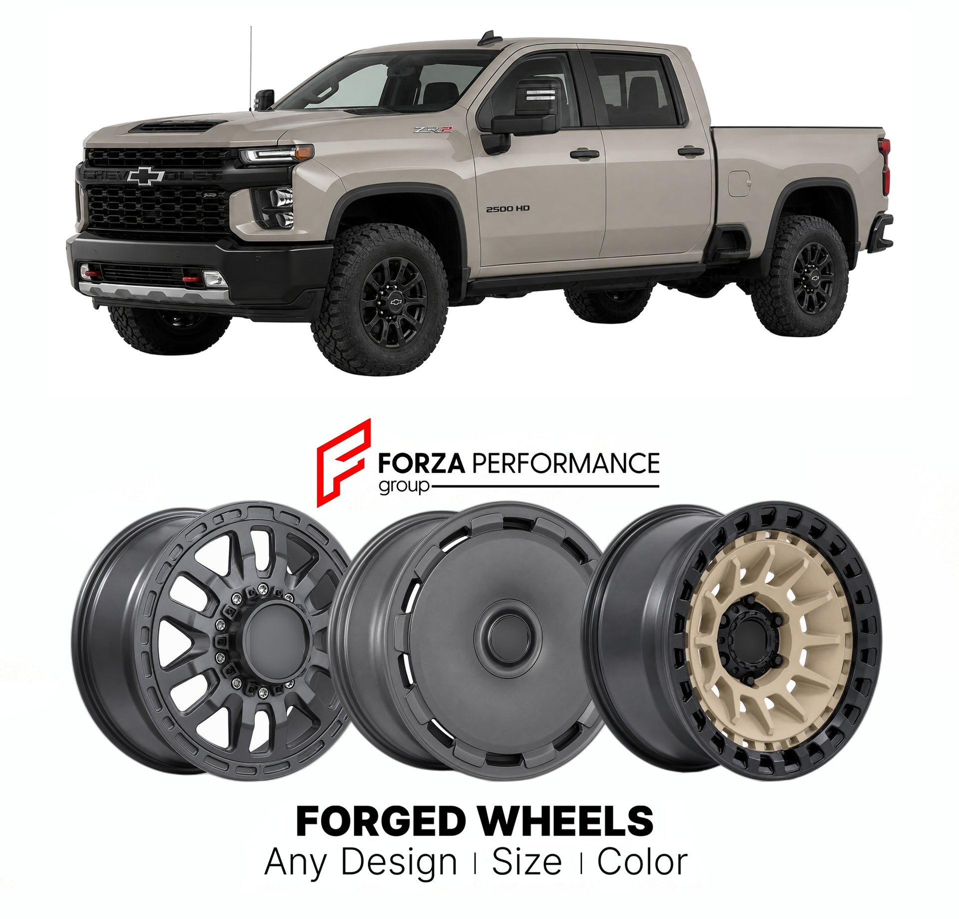 FORGED WHEELS RIMS for CHEVROLET SILVERADO HD ZR2 T1XX 2020 - 2026

Custom forged wheels for Chevrolet Silverado HD ZR2 T1XX 2020 - 2026. Made-to-order monoblock, 2-piece and 3-piece rims in custom sizes, offsets, colors and finishes with guaranteed fitment.

We manufacture premium quality forged wheels rims for Chevrolet Silverado HD ZR2 T1XX 2020 - 2026 in any design, size, color.

THIS WHEEL DESIGN CAN BE CUSTOM-MADE FOR YOUR CAR IN ANY SIZE AND COLOR OPTIONS
Available in monoblock, 2-piece, 3-piece, duo