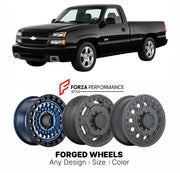 FORGED WHEELS RIMS for CHEVROLET SILVERADO SS GMT800 SPORT TRUCK 2003 - 2006

Custom forged wheels for Chevrolet Silverado SS GMT800 Sport Truck 2003 - 2006. Made-to-order monoblock, 2-piece and 3-piece rims in custom sizes, offsets, colors and finishes with guaranteed fitment.

We manufacture premium quality forged wheels rims for Chevrolet Silverado SS GMT800 Sport Truck 2003 - 2006 in any design, size, color.

THIS WHEEL DESIGN CAN BE CUSTOM-MADE FOR YOUR CAR IN ANY SIZE AND COLOR OPTIONS
Available in mo