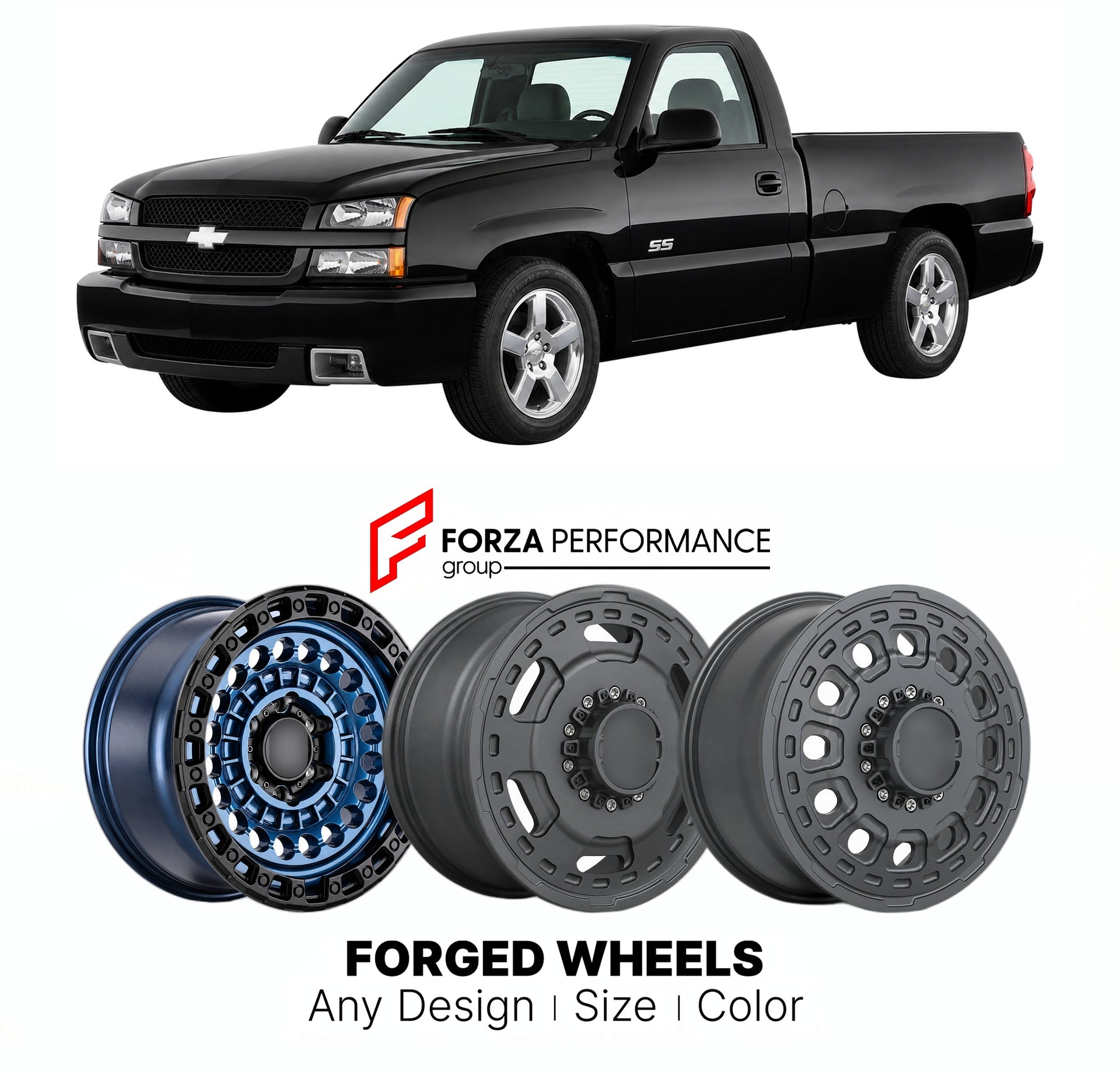 FORGED WHEELS RIMS for CHEVROLET SILVERADO SS GMT800 SPORT TRUCK 2003 - 2006

Custom forged wheels for Chevrolet Silverado SS GMT800 Sport Truck 2003 - 2006. Made-to-order monoblock, 2-piece and 3-piece rims in custom sizes, offsets, colors and finishes with guaranteed fitment.

We manufacture premium quality forged wheels rims for Chevrolet Silverado SS GMT800 Sport Truck 2003 - 2006 in any design, size, color.

THIS WHEEL DESIGN CAN BE CUSTOM-MADE FOR YOUR CAR IN ANY SIZE AND COLOR OPTIONS
Available in mo