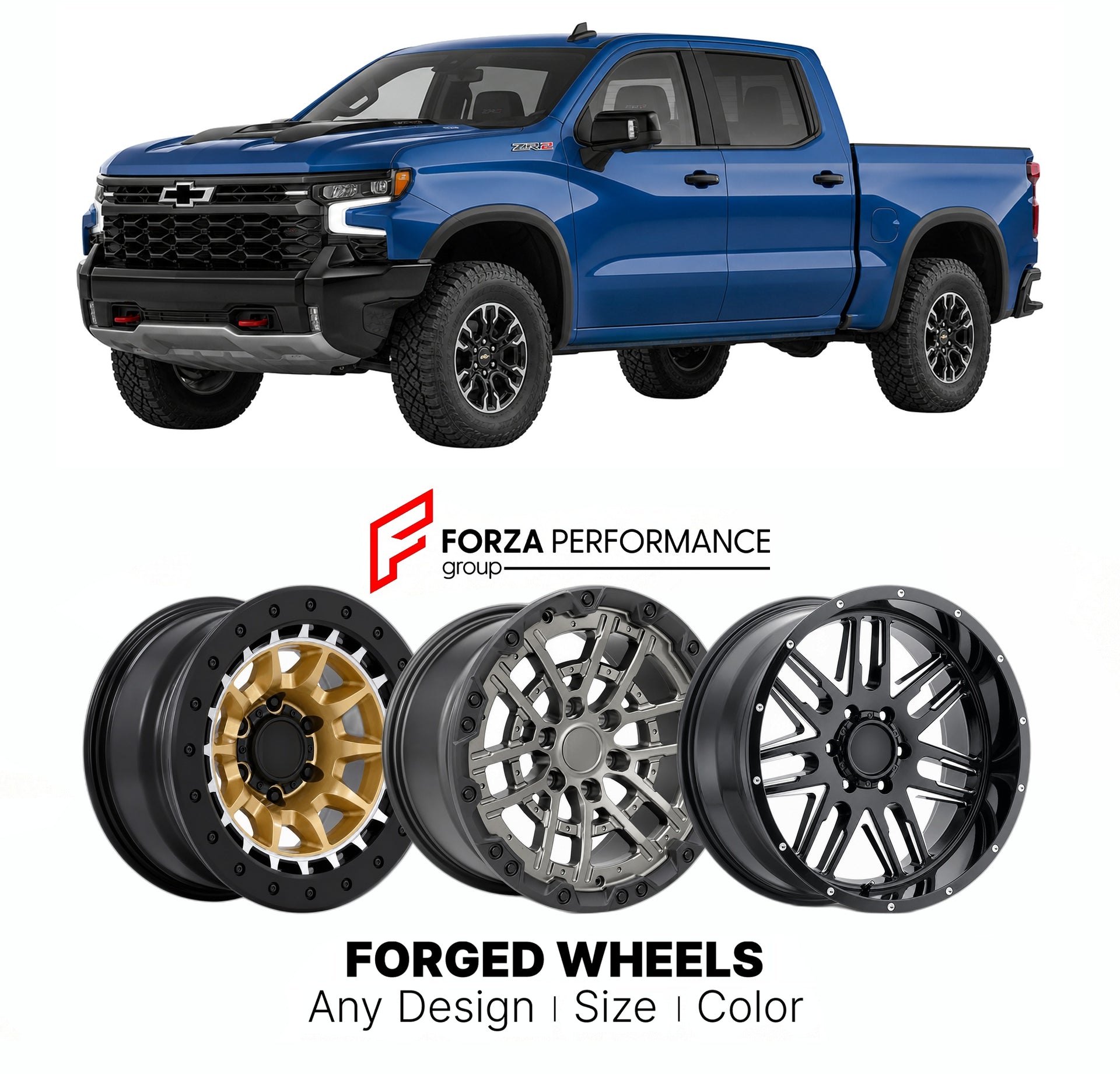 FORGED WHEELS RIMS for CHEVROLET SILVERADO ZR2 T1XX 2022+

Custom forged wheels for Chevrolet Silverado ZR2 T1XX 2022+. Made-to-order monoblock, 2-piece and 3-piece rims in custom sizes, offsets, colors and finishes with guaranteed fitment.

We manufacture premium quality forged wheels rims for Chevrolet Silverado ZR2 T1XX 2022+ in any design, size, color.

THIS WHEEL DESIGN CAN BE CUSTOM-MADE FOR YOUR CAR IN ANY SIZE AND COLOR OPTIONS
Available in monoblock, 2-piece, 3-piece, duoblock, beadlock
3D wheel re