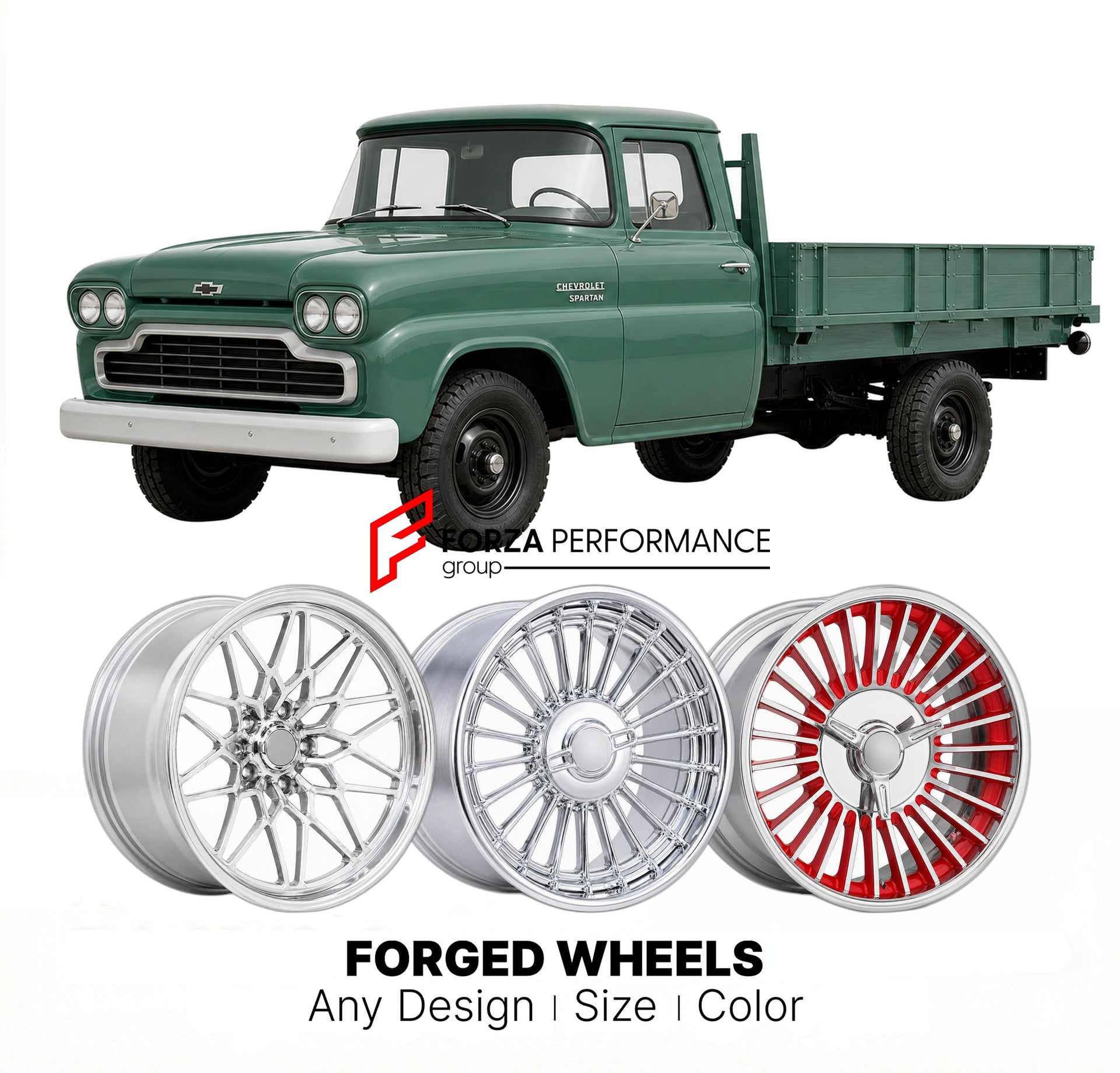 CUSTOM CLASSIC VINTAGE RESTOMOD RETRO OLD SCHOOL FORGED WHEELS RIMS for CHEVROLET SPARTAN 1958 - 1959
Custom forged wheels for classic American muscle cars. Ideal for restomod builds, vintage restorations, and show cars. Deep dish and retro styling available.

We manufacture premium quality forged wheels rims for Chevrolet Spartan 1958 - 1959 in any design, size, color.

THIS WHEEL DESIGN CAN BE CUSTOM-MADE FOR YOUR CAR IN ANY SIZE AND COLOR OPTIONS
Available in monoblock, 2-piece, 3-piece, duoblock, beadlo