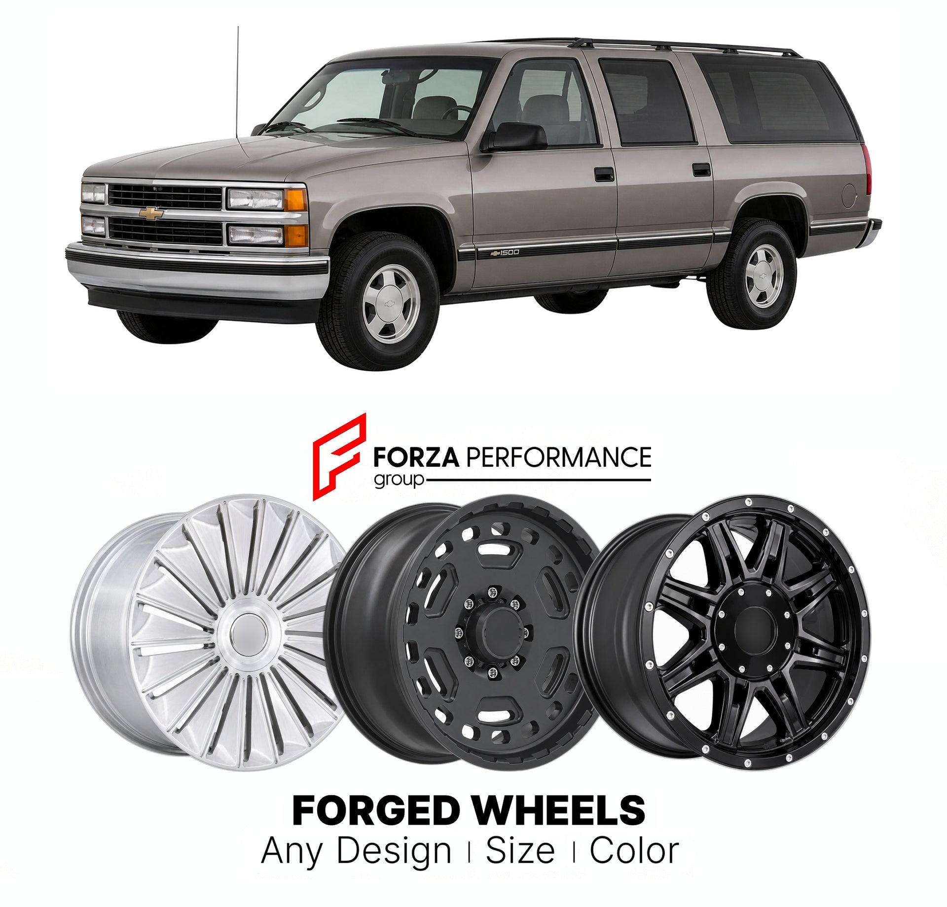 FORGED WHEELS RIMS for CHEVROLET SUBURBAN 1500 GMT400 1992 - 1999

Custom forged wheels for Chevrolet Suburban 1500 GMT400 1992 - 1999. Made-to-order monoblock, 2-piece and 3-piece rims in custom sizes, offsets, colors and finishes with guaranteed fitment.

We manufacture premium quality forged wheels rims for Chevrolet Suburban 1500 GMT400 1992 - 1999 in any design, size, color.

THIS WHEEL DESIGN CAN BE CUSTOM-MADE FOR YOUR CAR IN ANY SIZE AND COLOR OPTIONS
Available in monoblock, 2-piece, 3-piece, duoblo