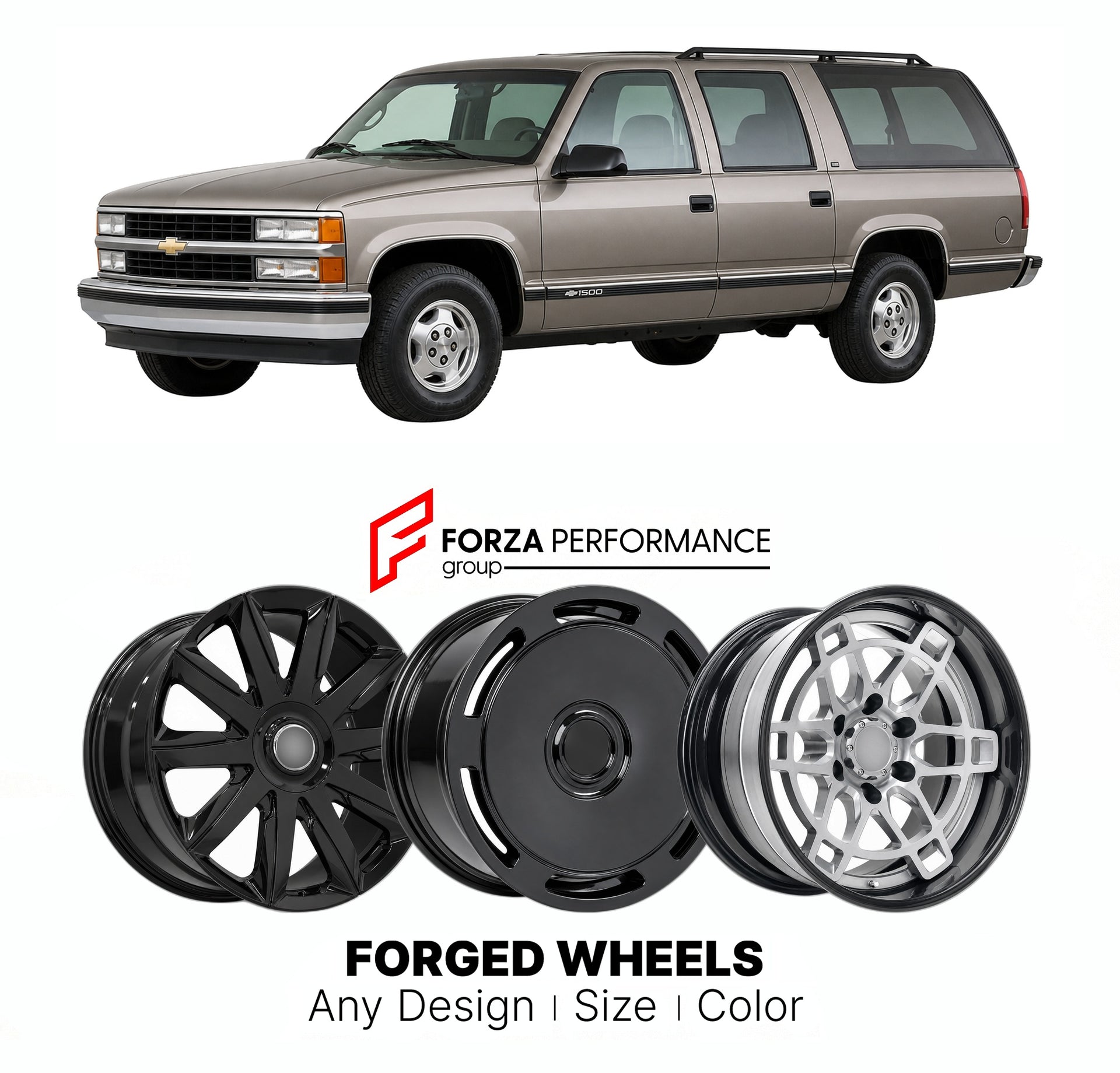FORGED WHEELS RIMS for CHEVROLET SUBURBAN GMT400 1992 - 1999

Custom forged wheels for Chevrolet Suburban GMT400 1992 - 1999. Made-to-order monoblock, 2-piece and 3-piece rims in custom sizes, offsets, colors and finishes with guaranteed fitment.

We manufacture premium quality forged wheels rims for Chevrolet Suburban GMT400 1992 - 1999 in any design, size, color.

THIS WHEEL DESIGN CAN BE CUSTOM-MADE FOR YOUR CAR IN ANY SIZE AND COLOR OPTIONS
Available in monoblock, 2-piece, 3-piece, duoblock, beadlock
3D