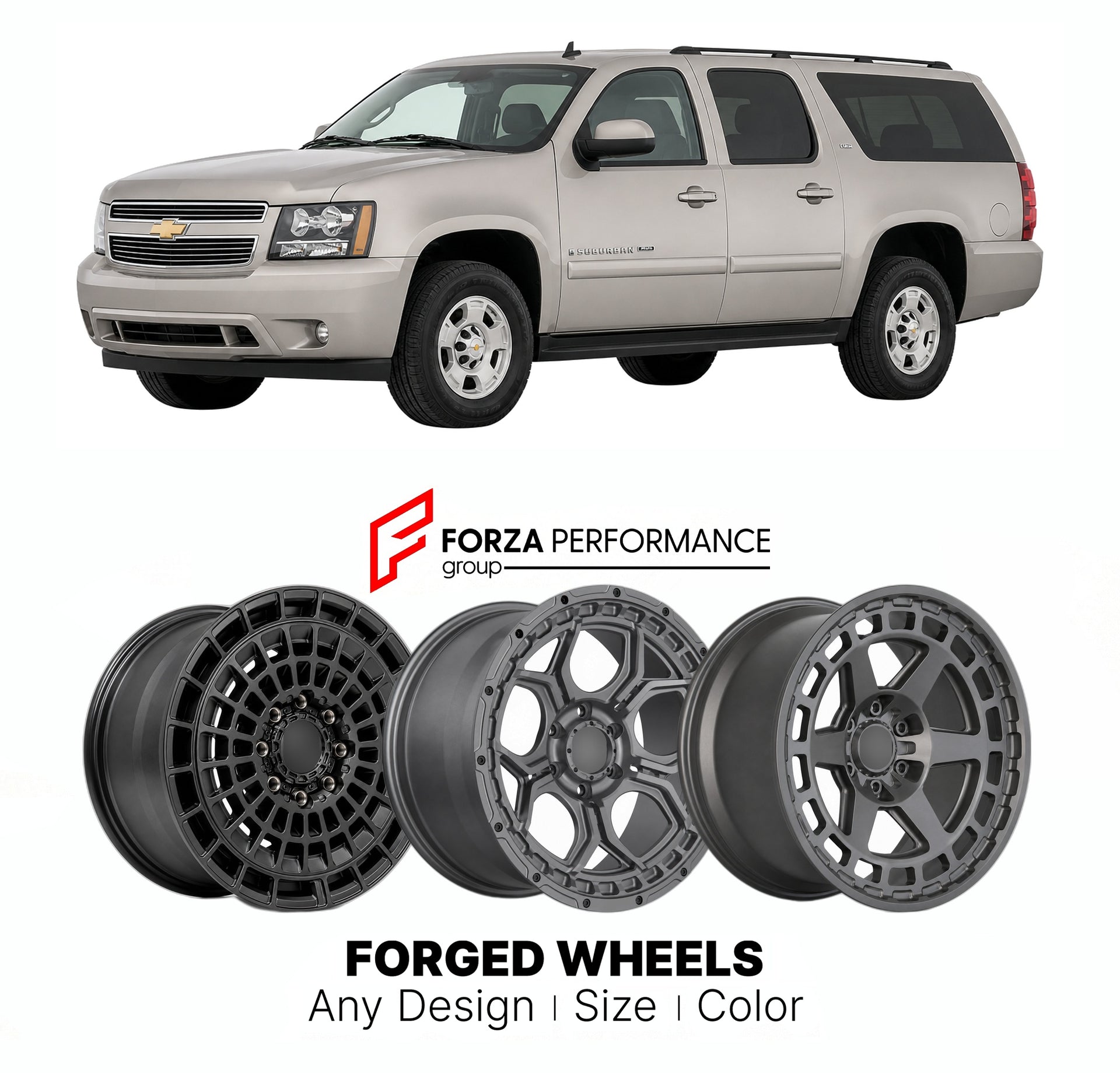 FORGED WHEELS RIMS for CHEVROLET SUBURBAN HD GMT900 K2YC 2007 - 2020

Custom forged wheels for Chevrolet Suburban HD GMT900 K2YC 2007 - 2020. Made-to-order monoblock, 2-piece and 3-piece rims in custom sizes, offsets, colors and finishes with guaranteed fitment.

We manufacture premium quality forged wheels rims for Chevrolet Suburban HD GMT900 K2YC 2007 - 2020 in any design, size, color.

THIS WHEEL DESIGN CAN BE CUSTOM-MADE FOR YOUR CAR IN ANY SIZE AND COLOR OPTIONS
Available in monoblock, 2-piece, 3-piec