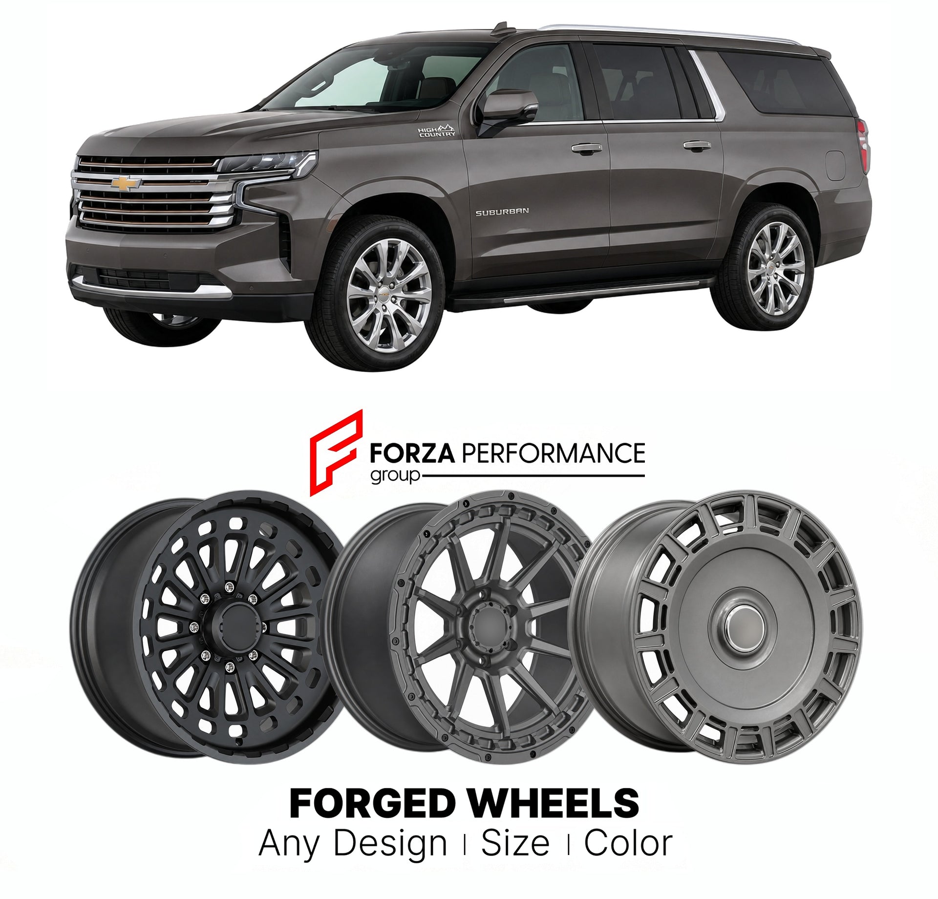 FORGED WHEELS RIMS for CHEVROLET SUBURBAN HIGH COUNTRY T1YC 2021+

Custom forged wheels for Chevrolet Suburban High Country T1YC 2021+. Made-to-order monoblock, 2-piece and 3-piece rims in custom sizes, offsets, colors and finishes with guaranteed fitment.

We manufacture premium quality forged wheels rims for Chevrolet Suburban High Country T1YC 2021+ in any design, size, color.

THIS WHEEL DESIGN CAN BE CUSTOM-MADE FOR YOUR CAR IN ANY SIZE AND COLOR OPTIONS
Available in monoblock, 2-piece, 3-piece, duoblo