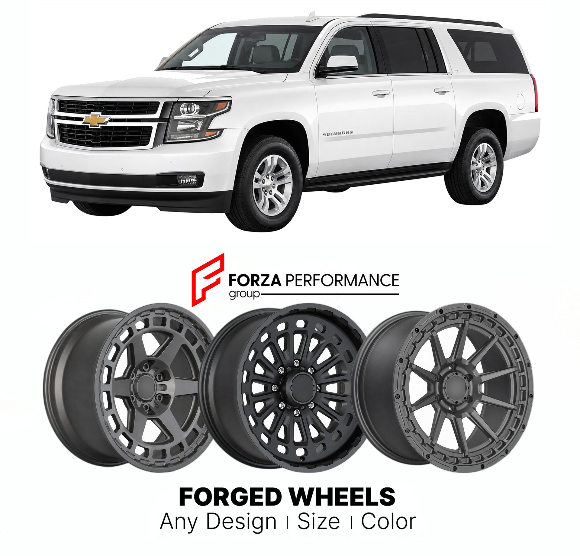FORGED WHEELS RIMS for CHEVROLET SUBURBAN K2XX 2015 - 2020

Custom forged wheels for Chevrolet Suburban K2XX 2015 - 2020. Made-to-order monoblock, 2-piece and 3-piece rims in custom sizes, offsets, colors and finishes with guaranteed fitment.

We manufacture premium quality forged wheels rims for Chevrolet Suburban K2XX 2015 - 2020 in any design, size, color.

THIS WHEEL DESIGN CAN BE CUSTOM-MADE FOR YOUR CAR IN ANY SIZE AND COLOR OPTIONS
Available in monoblock, 2-piece, 3-piece, duoblock, beadlock
3D wheel