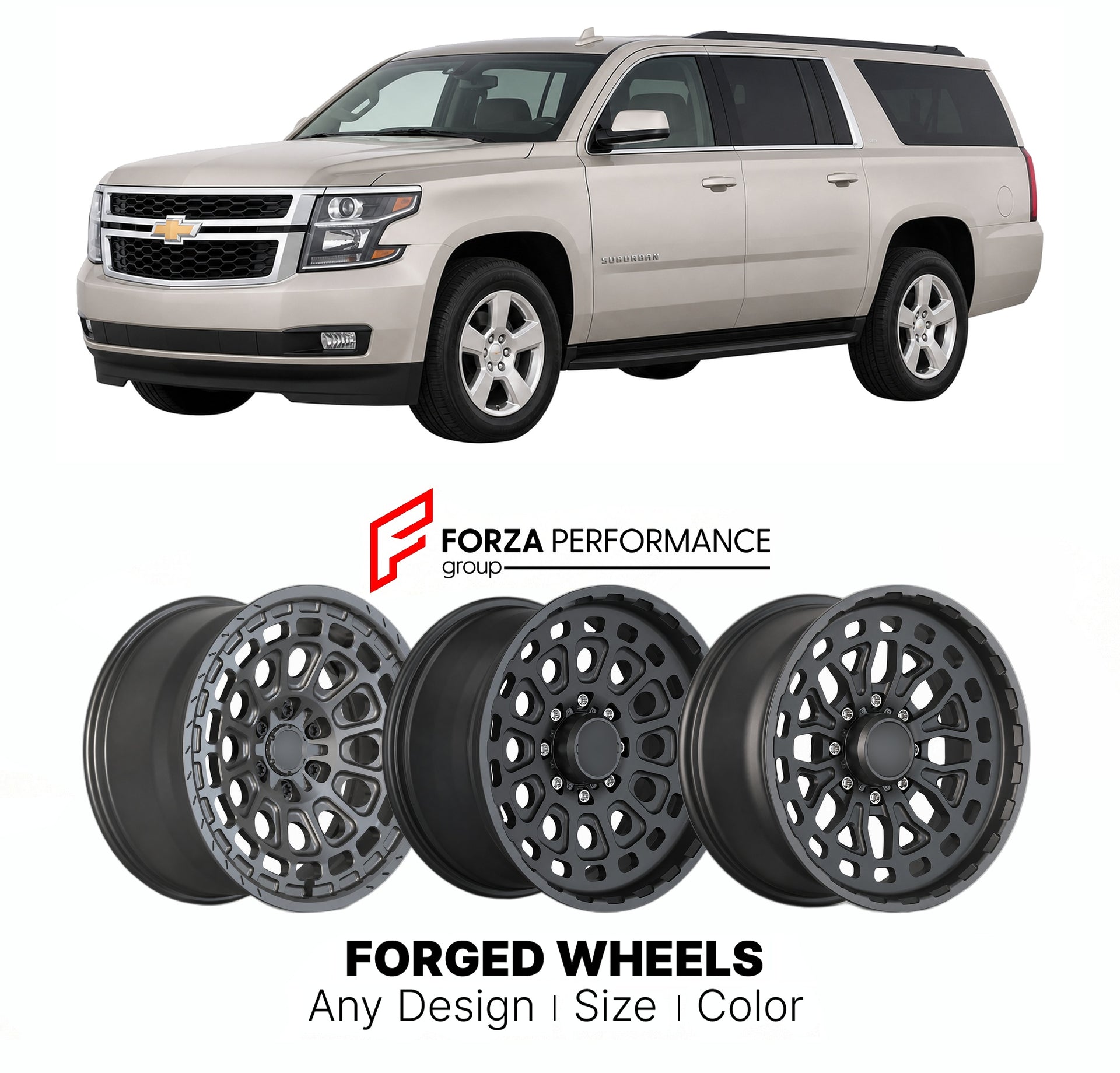 FORGED WHEELS RIMS for CHEVROLET SUBURBAN LT GMT900 K2YC 2007 - 2020

Custom forged wheels for Chevrolet Suburban LT GMT900 K2YC 2007 - 2020. Made-to-order monoblock, 2-piece and 3-piece rims in custom sizes, offsets, colors and finishes with guaranteed fitment.

We manufacture premium quality forged wheels rims for Chevrolet Suburban LT GMT900 K2YC 2007 - 2020 in any design, size, color.

THIS WHEEL DESIGN CAN BE CUSTOM-MADE FOR YOUR CAR IN ANY SIZE AND COLOR OPTIONS
Available in monoblock, 2-piece, 3-piec