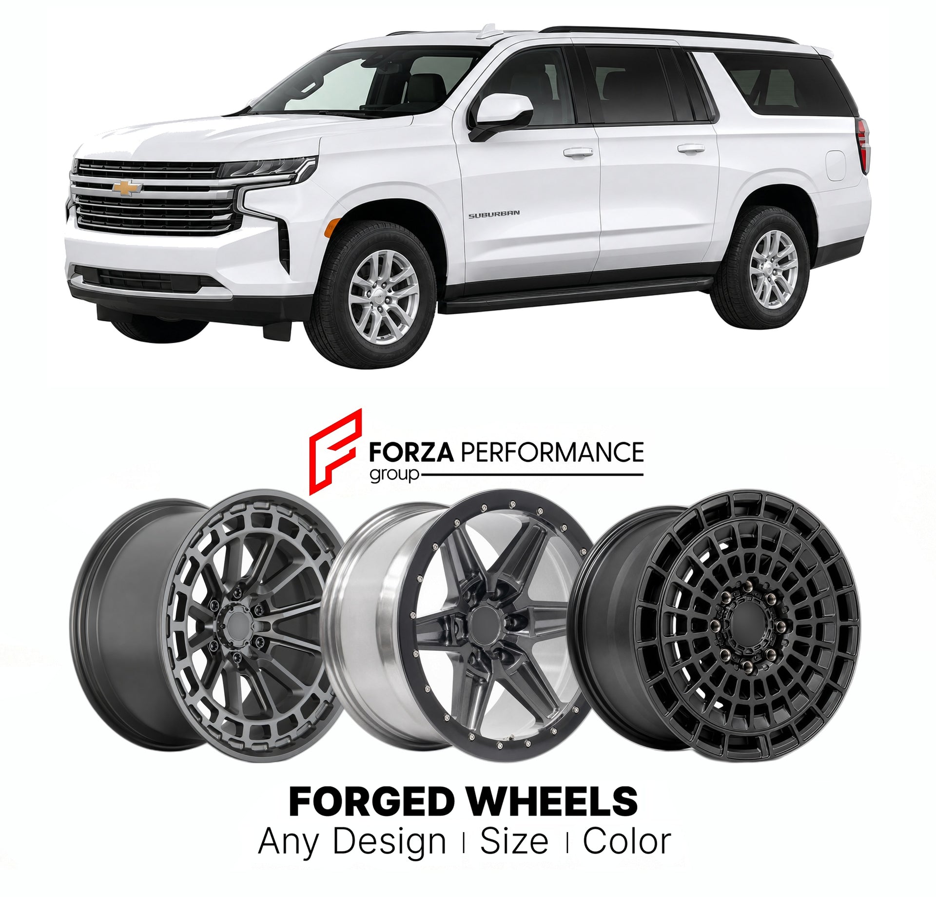 FORGED WHEELS RIMS for CHEVROLET SUBURBAN LT T1YC 2021+

Custom forged wheels for Chevrolet Suburban LT T1YC 2021+. Made-to-order monoblock, 2-piece and 3-piece rims in custom sizes, offsets, colors and finishes with guaranteed fitment.

We manufacture premium quality forged wheels rims for Chevrolet Suburban LT T1YC 2021+ in any design, size, color.

THIS WHEEL DESIGN CAN BE CUSTOM-MADE FOR YOUR CAR IN ANY SIZE AND COLOR OPTIONS
Available in monoblock, 2-piece, 3-piece, duoblock, beadlock
3D wheel renderin