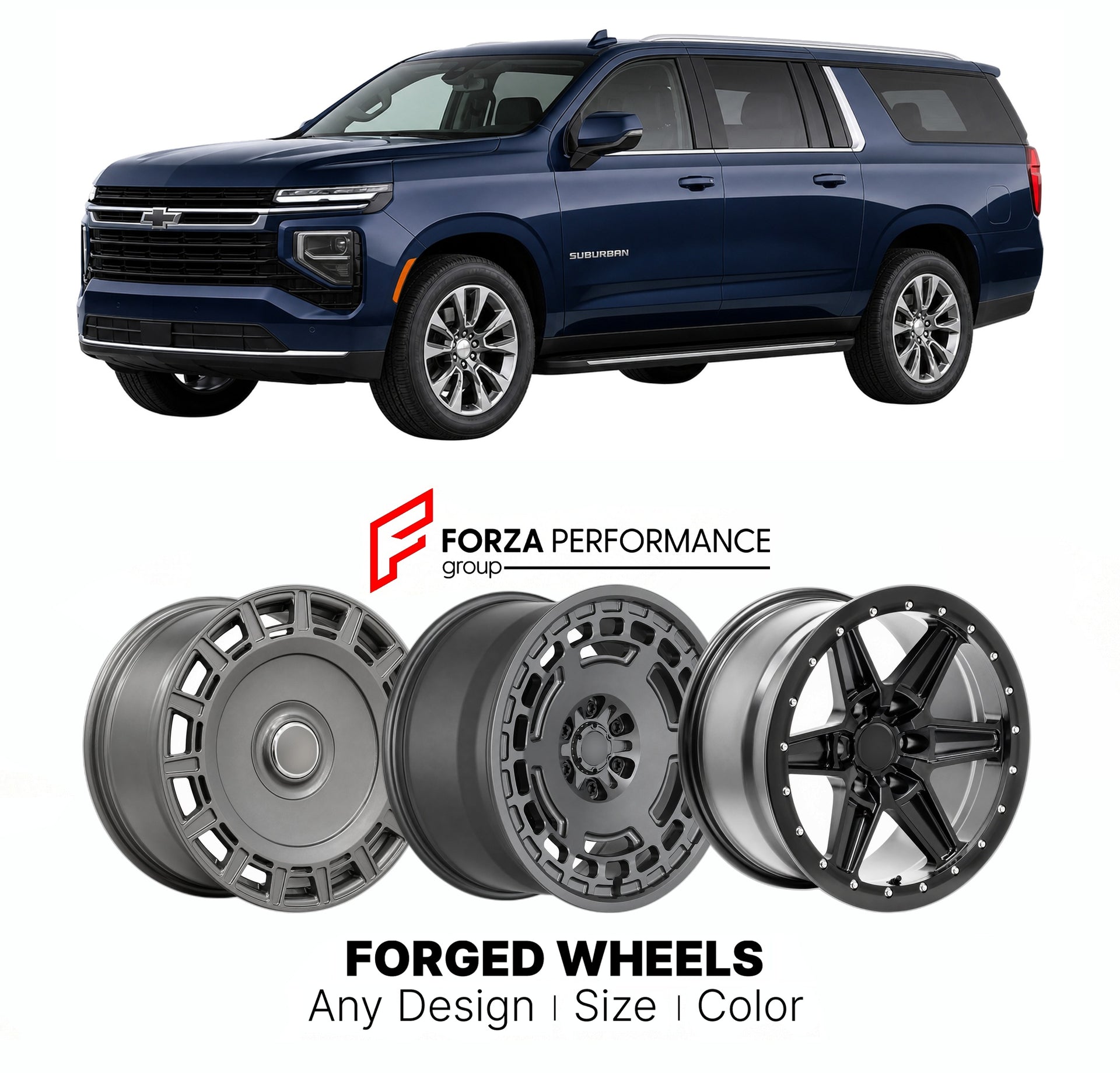 FORGED WHEELS RIMS for CHEVROLET SUBURBAN T1XX 2021+

Custom forged wheels for Chevrolet Suburban T1XX 2021+. Made-to-order monoblock, 2-piece and 3-piece rims in custom sizes, offsets, colors and finishes with guaranteed fitment.

We manufacture premium quality forged wheels rims for Chevrolet Suburban T1XX 2021+ in any design, size, color.

THIS WHEEL DESIGN CAN BE CUSTOM-MADE FOR YOUR CAR IN ANY SIZE AND COLOR OPTIONS
Available in monoblock, 2-piece, 3-piece, duoblock, beadlock
3D wheel renderings are pr