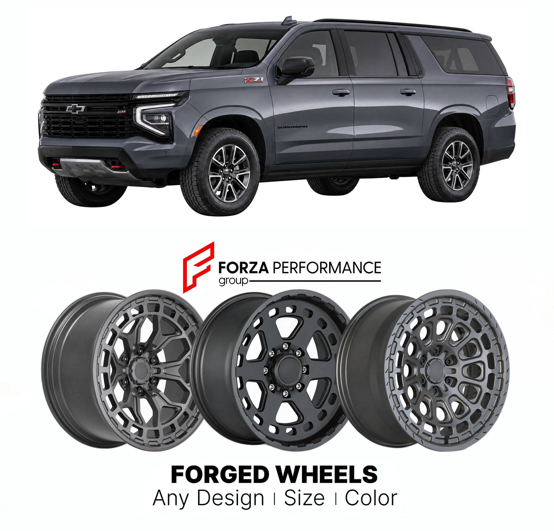 FORGED WHEELS RIMS for CHEVROLET SUBURBAN Z71 T1YC 2021+

Custom forged wheels for Chevrolet Suburban Z71 T1YC 2021+. Made-to-order monoblock, 2-piece and 3-piece rims in custom sizes, offsets, colors and finishes with guaranteed fitment.

We manufacture premium quality forged wheels rims for Chevrolet Suburban Z71 T1YC 2021+ in any design, size, color.

THIS WHEEL DESIGN CAN BE CUSTOM-MADE FOR YOUR CAR IN ANY SIZE AND COLOR OPTIONS
Available in monoblock, 2-piece, 3-piece, duoblock, beadlock
3D wheel rende