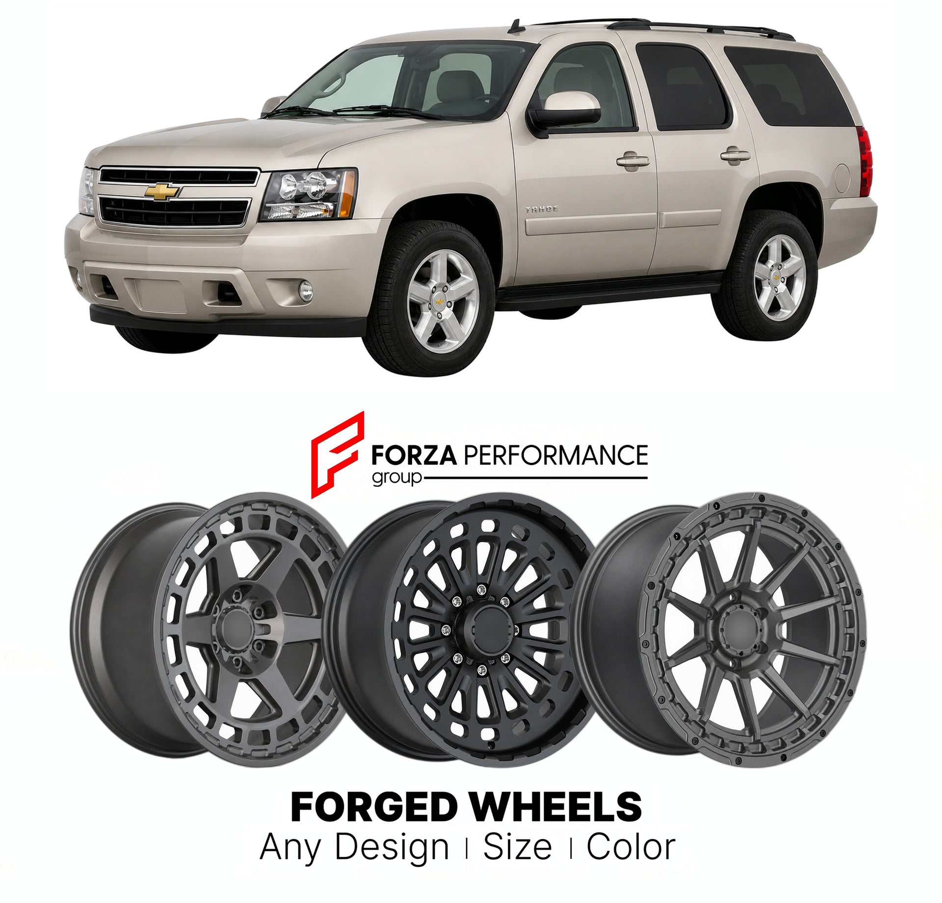 FORGED WHEELS RIMS for CHEVROLET TAHOE GMT900 2007 - 2014

Custom forged wheels for Chevrolet Tahoe GMT900 2007 - 2014. Made-to-order monoblock, 2-piece and 3-piece rims in custom sizes, offsets, colors and finishes with guaranteed fitment.

We manufacture premium quality forged wheels rims for Chevrolet Tahoe GMT900 2007 - 2014 in any design, size, color.

THIS WHEEL DESIGN CAN BE CUSTOM-MADE FOR YOUR CAR IN ANY SIZE AND COLOR OPTIONS
Available in monoblock, 2-piece, 3-piece, duoblock, beadlock
3D wheel re