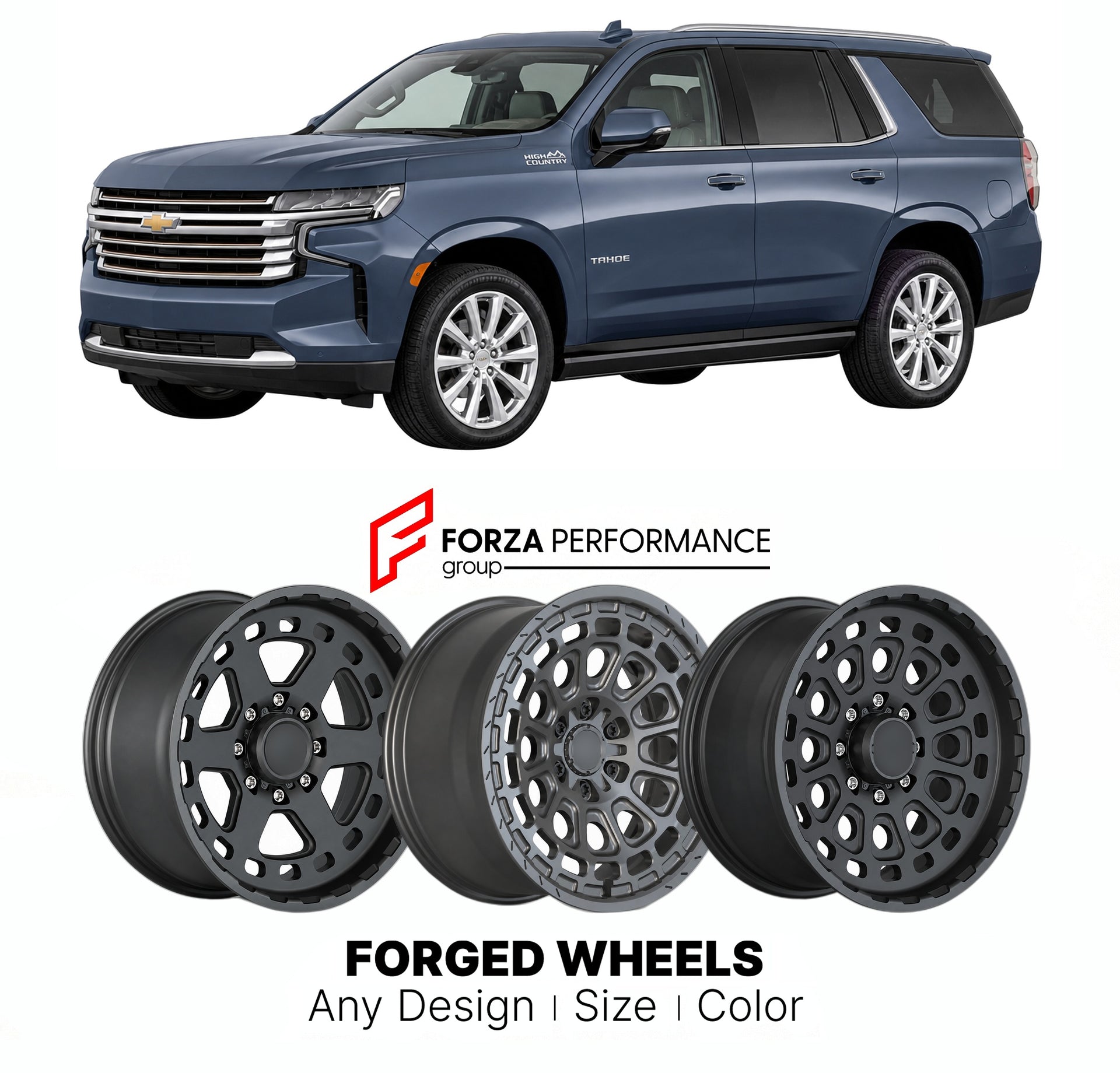 FORGED WHEELS RIMS for CHEVROLET TAHOE HIGH COUNTRY T1UC 2021+

Custom forged wheels for Chevrolet Tahoe High Country T1UC 2021+. Made-to-order monoblock, 2-piece and 3-piece rims in custom sizes, offsets, colors and finishes with guaranteed fitment.

We manufacture premium quality forged wheels rims for Chevrolet Tahoe High Country T1UC 2021+ in any design, size, color.

THIS WHEEL DESIGN CAN BE CUSTOM-MADE FOR YOUR CAR IN ANY SIZE AND COLOR OPTIONS
Available in monoblock, 2-piece, 3-piece, duoblock, beadl