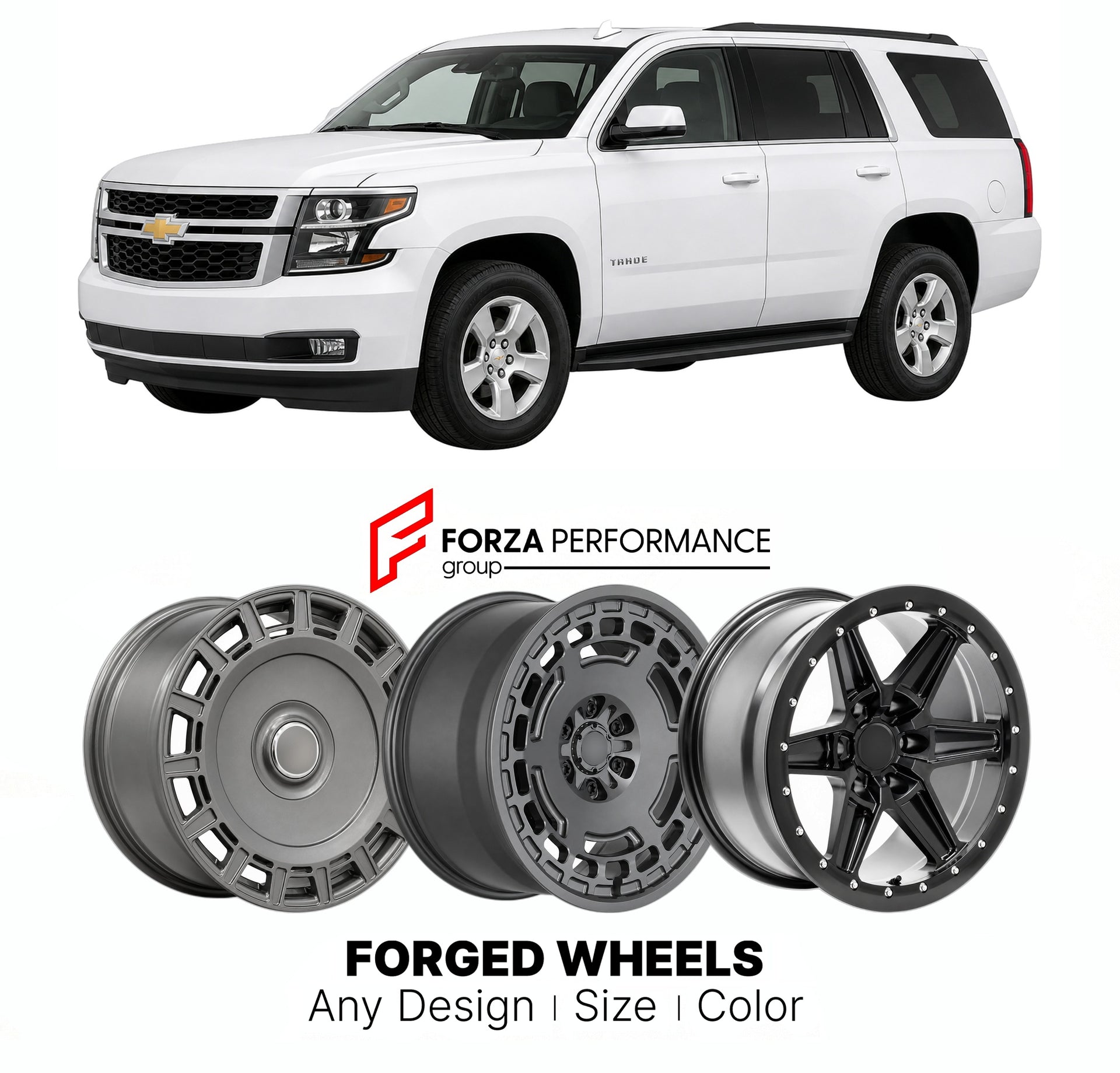 FORGED WHEELS RIMS for CHEVROLET TAHOE K2XX 2015 - 2020

Custom forged wheels for Chevrolet Tahoe K2XX 2015 - 2020. Made-to-order monoblock, 2-piece and 3-piece rims in custom sizes, offsets, colors and finishes with guaranteed fitment.

We manufacture premium quality forged wheels rims for Chevrolet Tahoe K2XX 2015 - 2020 in any design, size, color.

THIS WHEEL DESIGN CAN BE CUSTOM-MADE FOR YOUR CAR IN ANY SIZE AND COLOR OPTIONS
Available in monoblock, 2-piece, 3-piece, duoblock, beadlock
3D wheel renderin