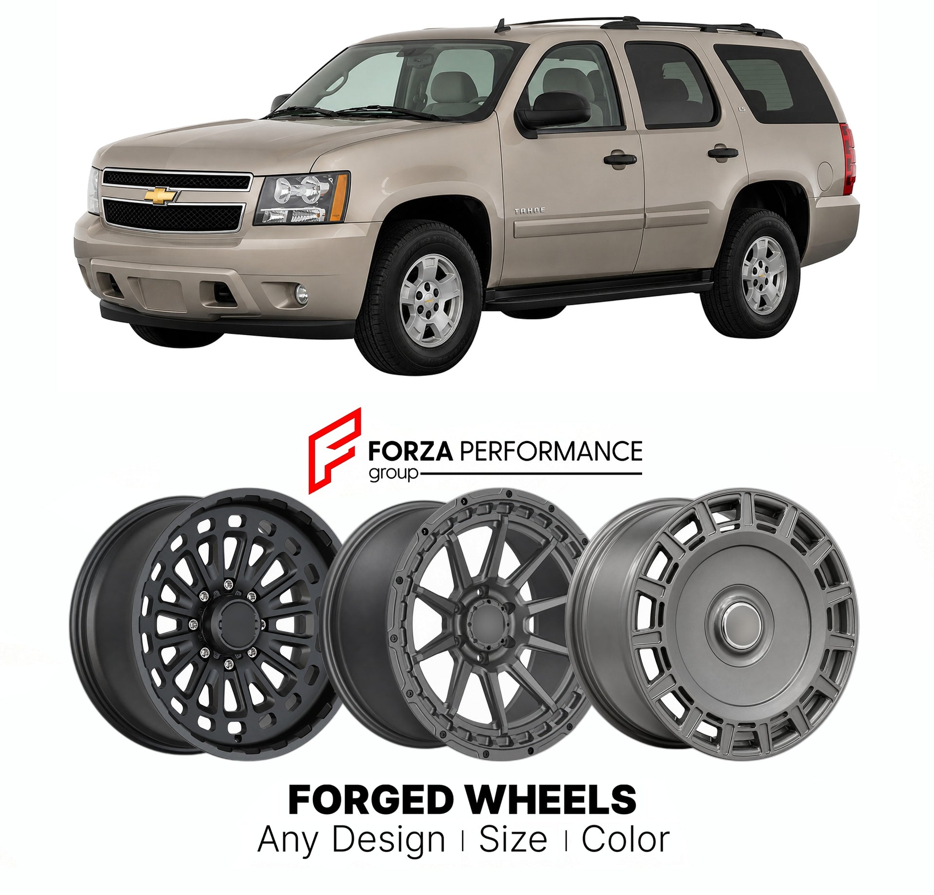 FORGED WHEELS RIMS for CHEVROLET TAHOE LS GMT900 2007 - 2014

Custom forged wheels for Chevrolet Tahoe LS GMT900 2007 - 2014. Made-to-order monoblock, 2-piece and 3-piece rims in custom sizes, offsets, colors and finishes with guaranteed fitment.

We manufacture premium quality forged wheels rims for Chevrolet Tahoe LS GMT900 2007 - 2014 in any design, size, color.

THIS WHEEL DESIGN CAN BE CUSTOM-MADE FOR YOUR CAR IN ANY SIZE AND COLOR OPTIONS
Available in monoblock, 2-piece, 3-piece, duoblock, beadlock
3D