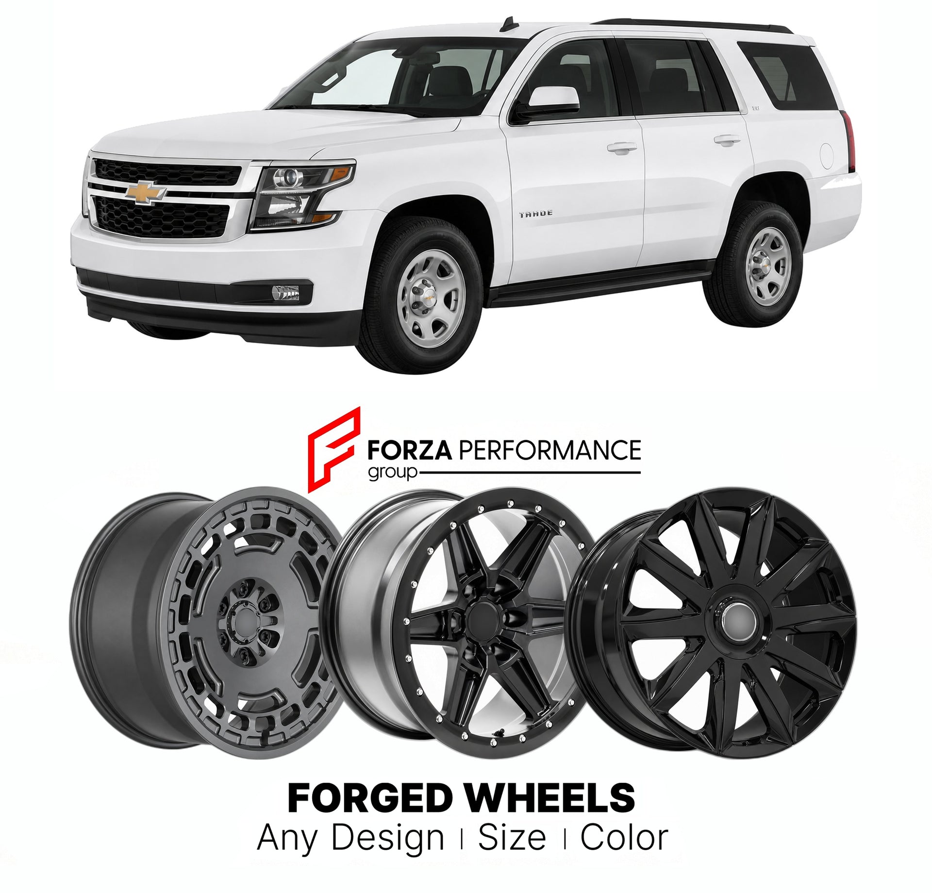 FORGED WHEELS RIMS for CHEVROLET TAHOE LS K2UC 2015 - 2020

Custom forged wheels for Chevrolet Tahoe LS K2UC 2015 - 2020. Made-to-order monoblock, 2-piece and 3-piece rims in custom sizes, offsets, colors and finishes with guaranteed fitment.

We manufacture premium quality forged wheels rims for Chevrolet Tahoe LS K2UC 2015 - 2020 in any design, size, color.

THIS WHEEL DESIGN CAN BE CUSTOM-MADE FOR YOUR CAR IN ANY SIZE AND COLOR OPTIONS
Available in monoblock, 2-piece, 3-piece, duoblock, beadlock
3D wheel