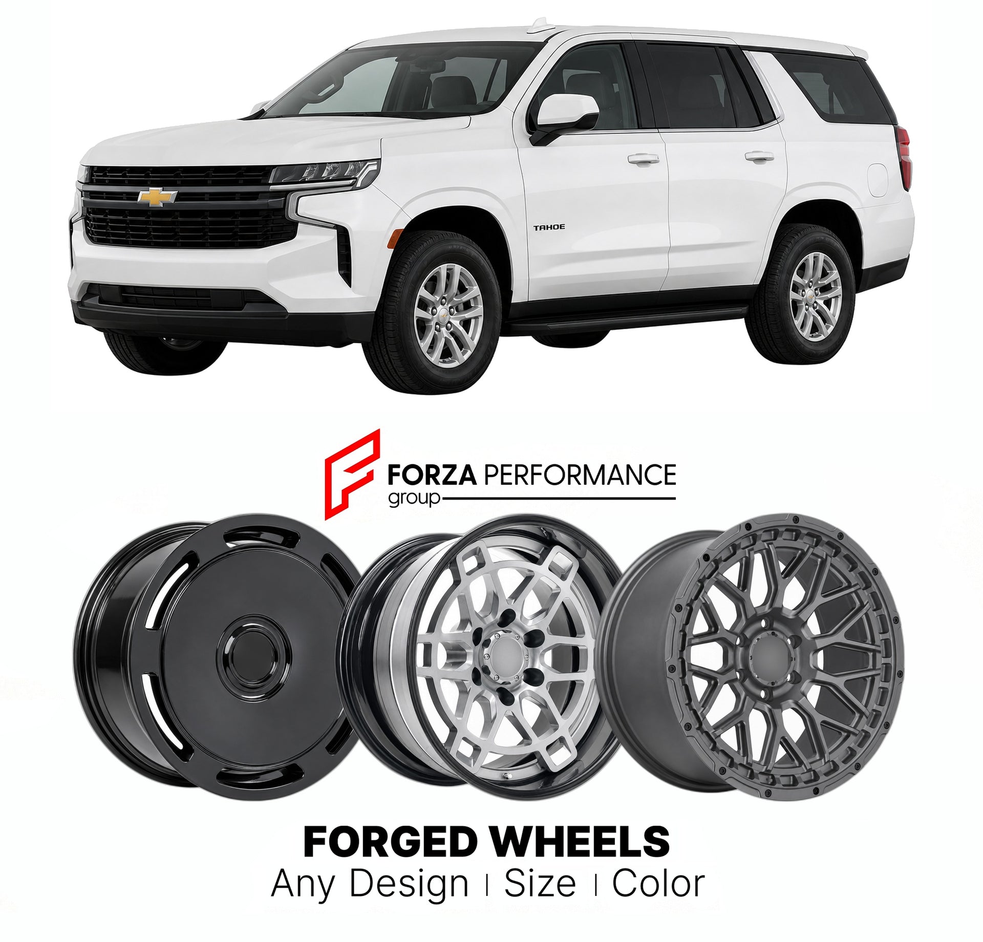 FORGED WHEELS RIMS for CHEVROLET TAHOE LS T1UC 2021+

Custom forged wheels for Chevrolet Tahoe LS T1UC 2021+. Made-to-order monoblock, 2-piece and 3-piece rims in custom sizes, offsets, colors and finishes with guaranteed fitment.

We manufacture premium quality forged wheels rims for Chevrolet Tahoe LS T1UC 2021+ in any design, size, color.

THIS WHEEL DESIGN CAN BE CUSTOM-MADE FOR YOUR CAR IN ANY SIZE AND COLOR OPTIONS
Available in monoblock, 2-piece, 3-piece, duoblock, beadlock
3D wheel renderings are pr
