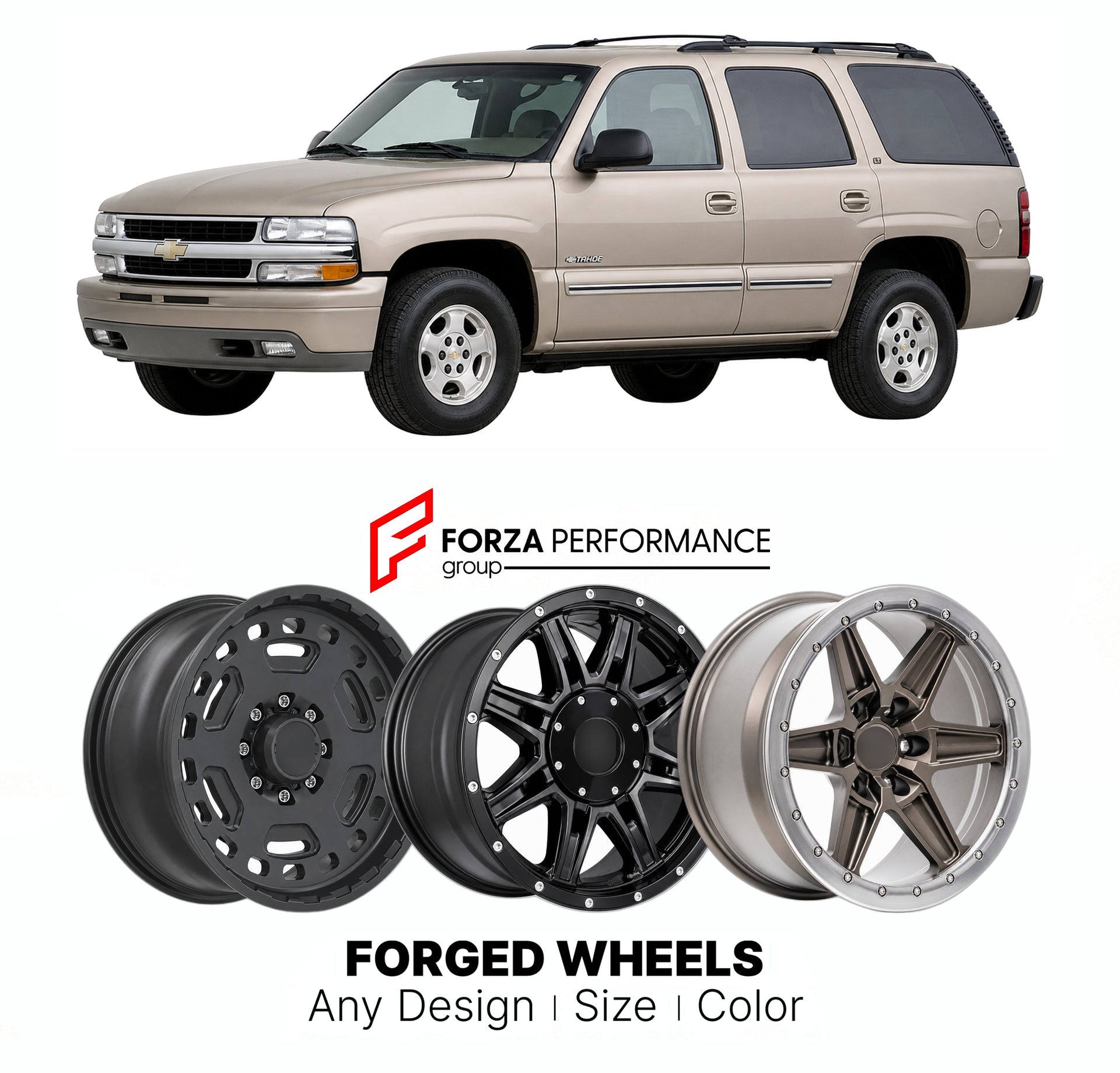 FORGED WHEELS RIMS for CHEVROLET TAHOE LT GMT800 2000 - 2006

Custom forged wheels for Chevrolet Tahoe LT GMT800 2000 - 2006. Made-to-order monoblock, 2-piece and 3-piece rims in custom sizes, offsets, colors and finishes with guaranteed fitment.

We manufacture premium quality forged wheels rims for Chevrolet Tahoe LT GMT800 2000 - 2006 in any design, size, color.

THIS WHEEL DESIGN CAN BE CUSTOM-MADE FOR YOUR CAR IN ANY SIZE AND COLOR OPTIONS
Available in monoblock, 2-piece, 3-piece, duoblock, beadlock
3D