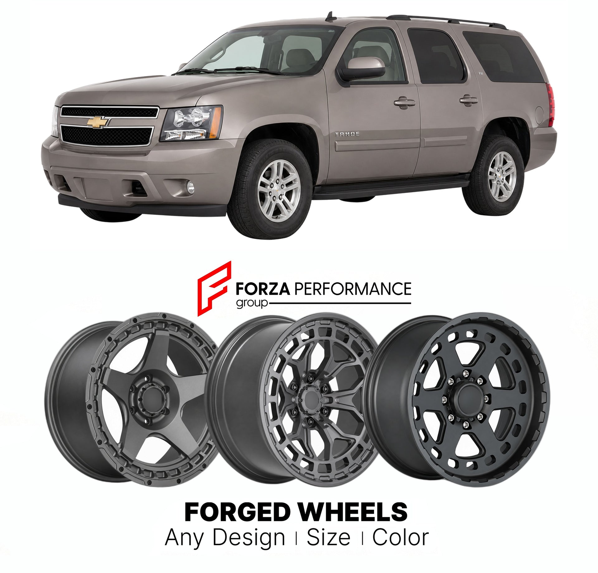 FORGED WHEELS RIMS for CHEVROLET TAHOE LT GMT900 2007 - 2014

Custom forged wheels for Chevrolet Tahoe LT GMT900 2007 - 2014. Made-to-order monoblock, 2-piece and 3-piece rims in custom sizes, offsets, colors and finishes with guaranteed fitment.

We manufacture premium quality forged wheels rims for Chevrolet Tahoe LT GMT900 2007 - 2014 in any design, size, color.

THIS WHEEL DESIGN CAN BE CUSTOM-MADE FOR YOUR CAR IN ANY SIZE AND COLOR OPTIONS
Available in monoblock, 2-piece, 3-piece, duoblock, beadlock
3D