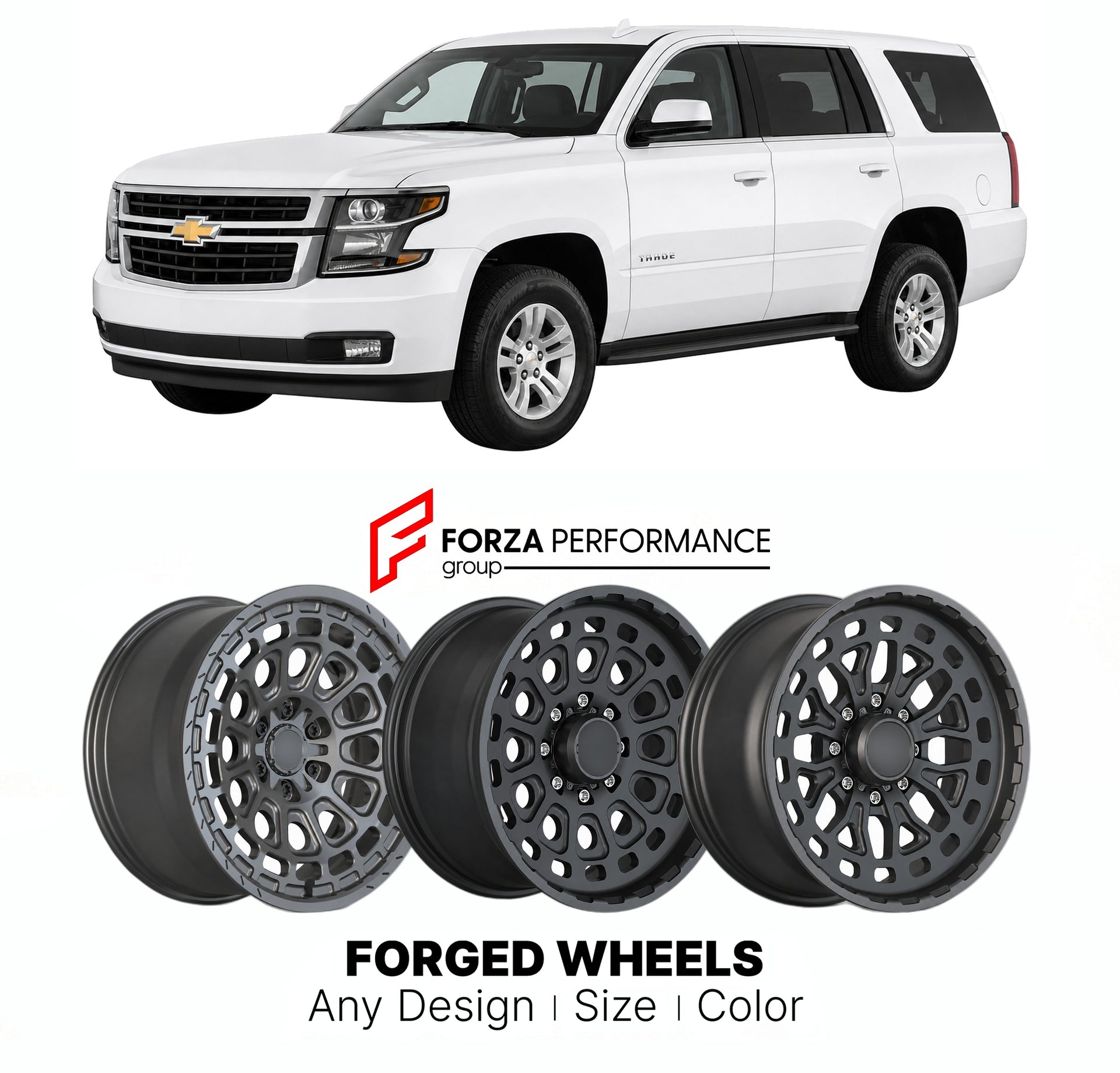 FORGED WHEELS RIMS for CHEVROLET TAHOE LT K2UC 2015 - 2020

Custom forged wheels for Chevrolet Tahoe LT K2UC 2015 - 2020. Made-to-order monoblock, 2-piece and 3-piece rims in custom sizes, offsets, colors and finishes with guaranteed fitment.

We manufacture premium quality forged wheels rims for Chevrolet Tahoe LT K2UC 2015 - 2020 in any design, size, color.

THIS WHEEL DESIGN CAN BE CUSTOM-MADE FOR YOUR CAR IN ANY SIZE AND COLOR OPTIONS
Available in monoblock, 2-piece, 3-piece, duoblock, beadlock
3D wheel