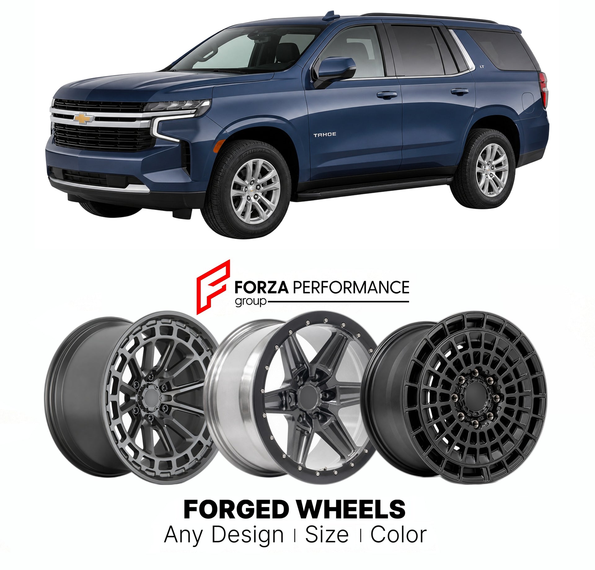 FORGED WHEELS RIMS for CHEVROLET TAHOE LT T1UC 2021+

Custom forged wheels for Chevrolet Tahoe LT T1UC 2021+. Made-to-order monoblock, 2-piece and 3-piece rims in custom sizes, offsets, colors and finishes with guaranteed fitment.

We manufacture premium quality forged wheels rims for Chevrolet Tahoe LT T1UC 2021+ in any design, size, color.

THIS WHEEL DESIGN CAN BE CUSTOM-MADE FOR YOUR CAR IN ANY SIZE AND COLOR OPTIONS
Available in monoblock, 2-piece, 3-piece, duoblock, beadlock
3D wheel renderings are pr