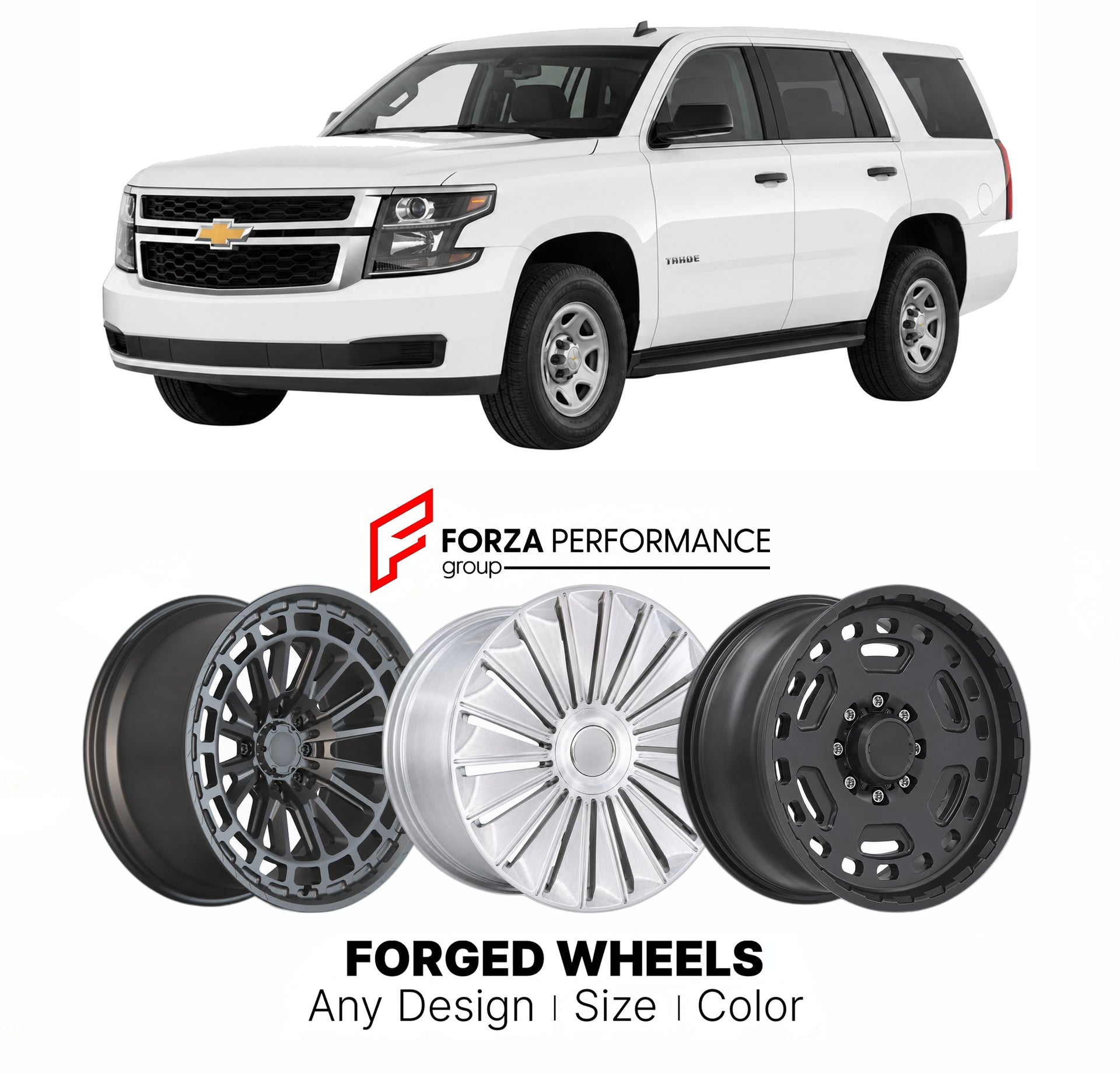 FORGED WHEELS RIMS for CHEVROLET TAHOE PPV K2UC 2015 - 2020

Custom forged wheels for Chevrolet Tahoe PPV K2UC 2015 - 2020. Made-to-order monoblock, 2-piece and 3-piece rims in custom sizes, offsets, colors and finishes with guaranteed fitment.

We manufacture premium quality forged wheels rims for Chevrolet Tahoe PPV K2UC 2015 - 2020 in any design, size, color.

THIS WHEEL DESIGN CAN BE CUSTOM-MADE FOR YOUR CAR IN ANY SIZE AND COLOR OPTIONS
Available in monoblock, 2-piece, 3-piece, duoblock, beadlock
3D wh