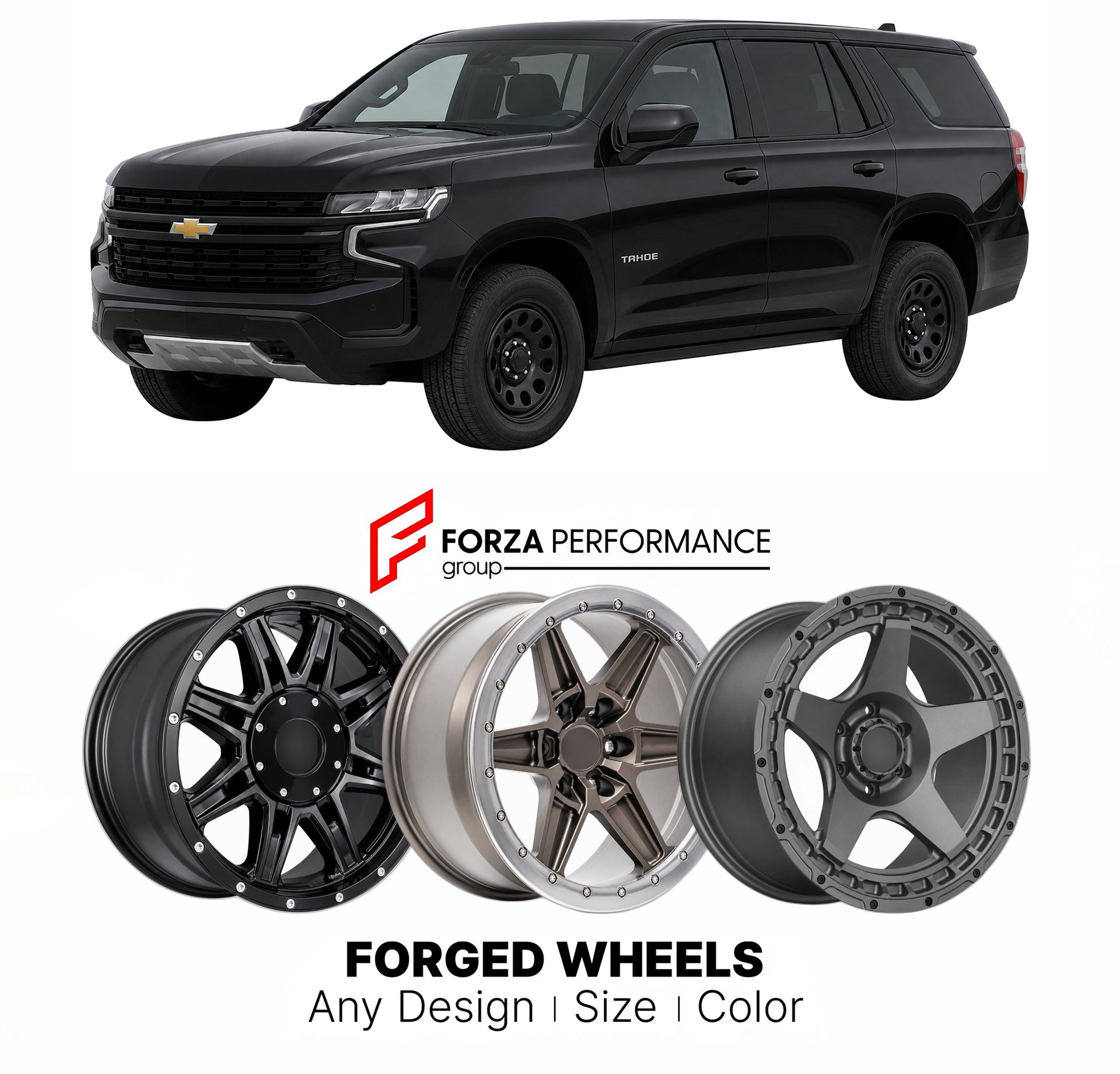 FORGED WHEELS RIMS for CHEVROLET TAHOE PPV T1UC 2021+

Custom forged wheels for Chevrolet Tahoe PPV T1UC 2021+. Made-to-order monoblock, 2-piece and 3-piece rims in custom sizes, offsets, colors and finishes with guaranteed fitment.

We manufacture premium quality forged wheels rims for Chevrolet Tahoe PPV T1UC 2021+ in any design, size, color.

THIS WHEEL DESIGN CAN BE CUSTOM-MADE FOR YOUR CAR IN ANY SIZE AND COLOR OPTIONS
Available in monoblock, 2-piece, 3-piece, duoblock, beadlock
3D wheel renderings are