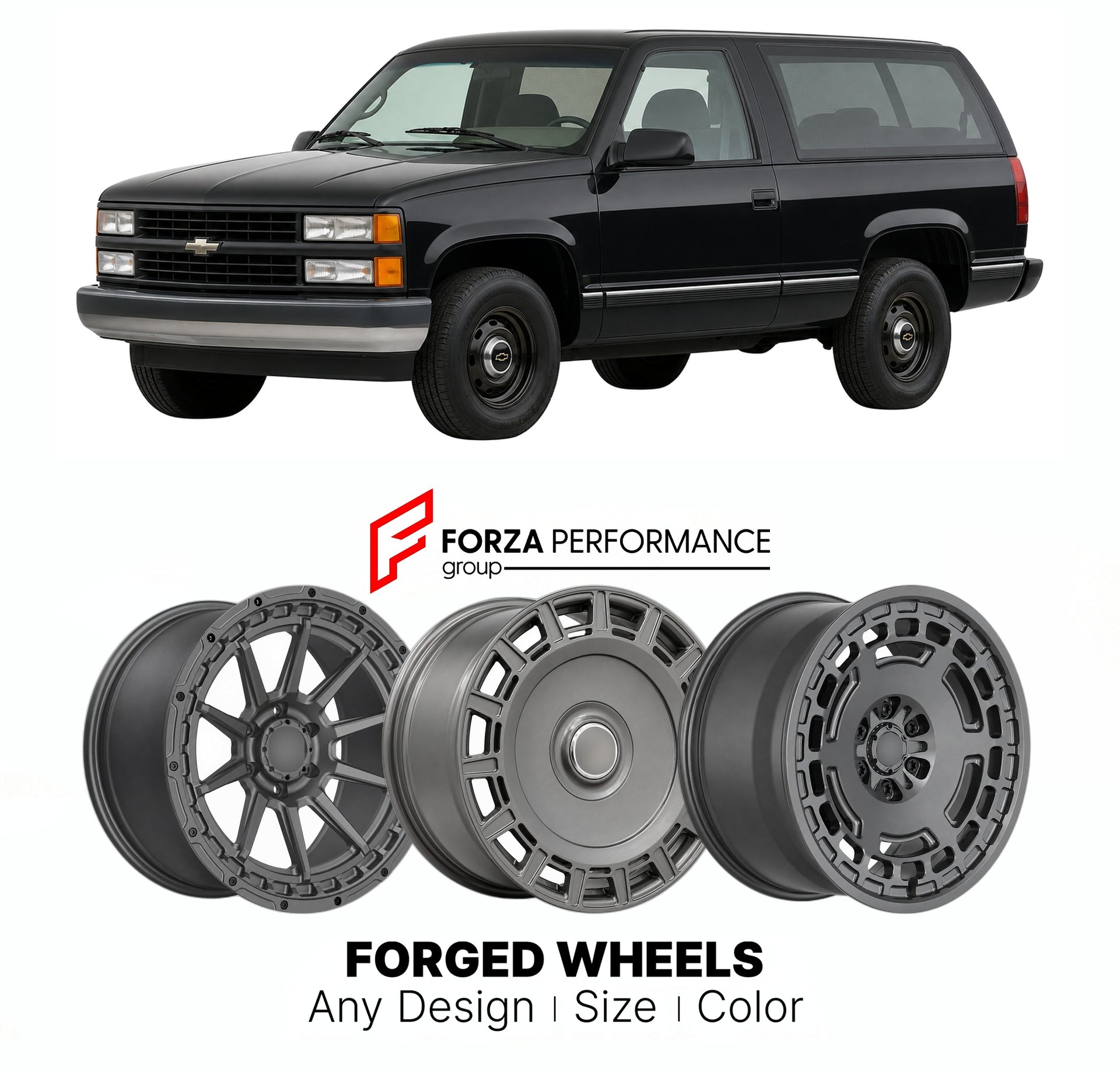FORGED WHEELS RIMS for CHEVROLET TAHOE POLICE PACKAGE GMT400 1995 - 1999

Custom forged wheels for Chevrolet Tahoe Police Package GMT400 1995 - 1999. Made-to-order monoblock, 2-piece and 3-piece rims in custom sizes, offsets, colors and finishes with guaranteed fitment.

We manufacture premium quality forged wheels rims for Chevrolet Tahoe Police Package GMT400 1995 - 1999 in any design, size, color.

THIS WHEEL DESIGN CAN BE CUSTOM-MADE FOR YOUR CAR IN ANY SIZE AND COLOR OPTIONS
Available in monoblock, 2-p