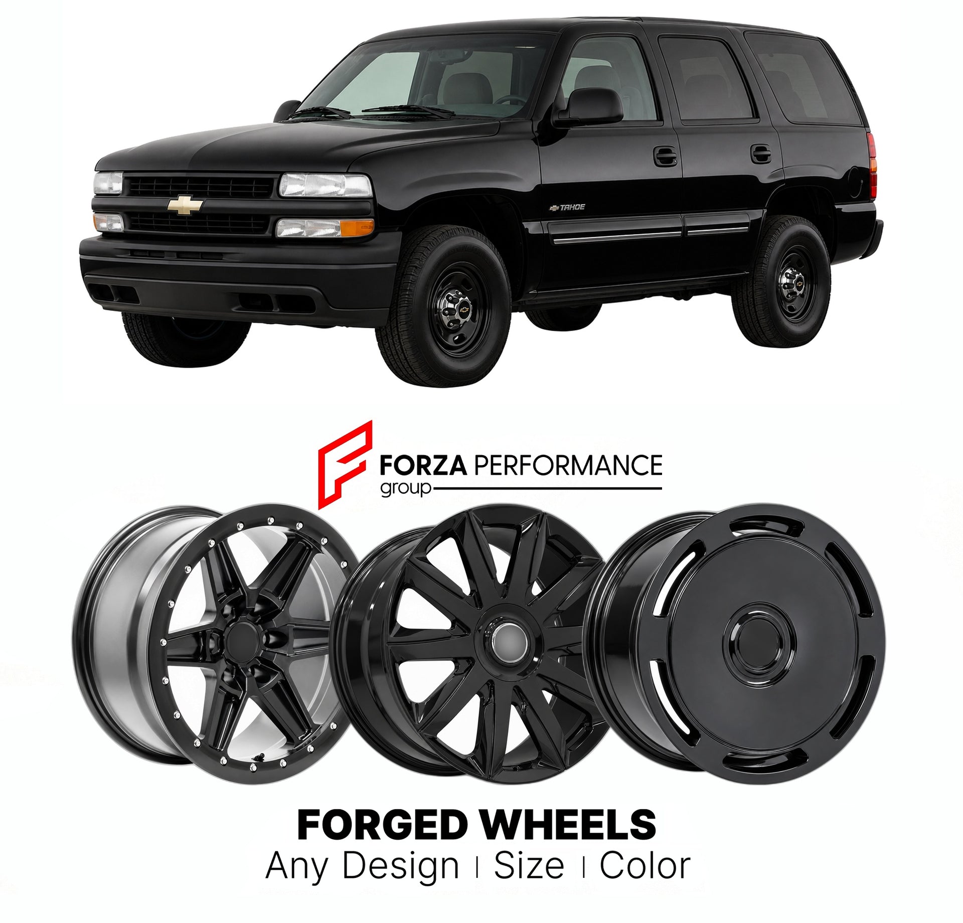 FORGED WHEELS RIMS for CHEVROLET TAHOE POLICE PACKAGE GMT800 2000 - 2006

Custom forged wheels for Chevrolet Tahoe Police Package GMT800 2000 - 2006. Made-to-order monoblock, 2-piece and 3-piece rims in custom sizes, offsets, colors and finishes with guaranteed fitment.

We manufacture premium quality forged wheels rims for Chevrolet Tahoe Police Package GMT800 2000 - 2006 in any design, size, color.

THIS WHEEL DESIGN CAN BE CUSTOM-MADE FOR YOUR CAR IN ANY SIZE AND COLOR OPTIONS
Available in monoblock, 2-p