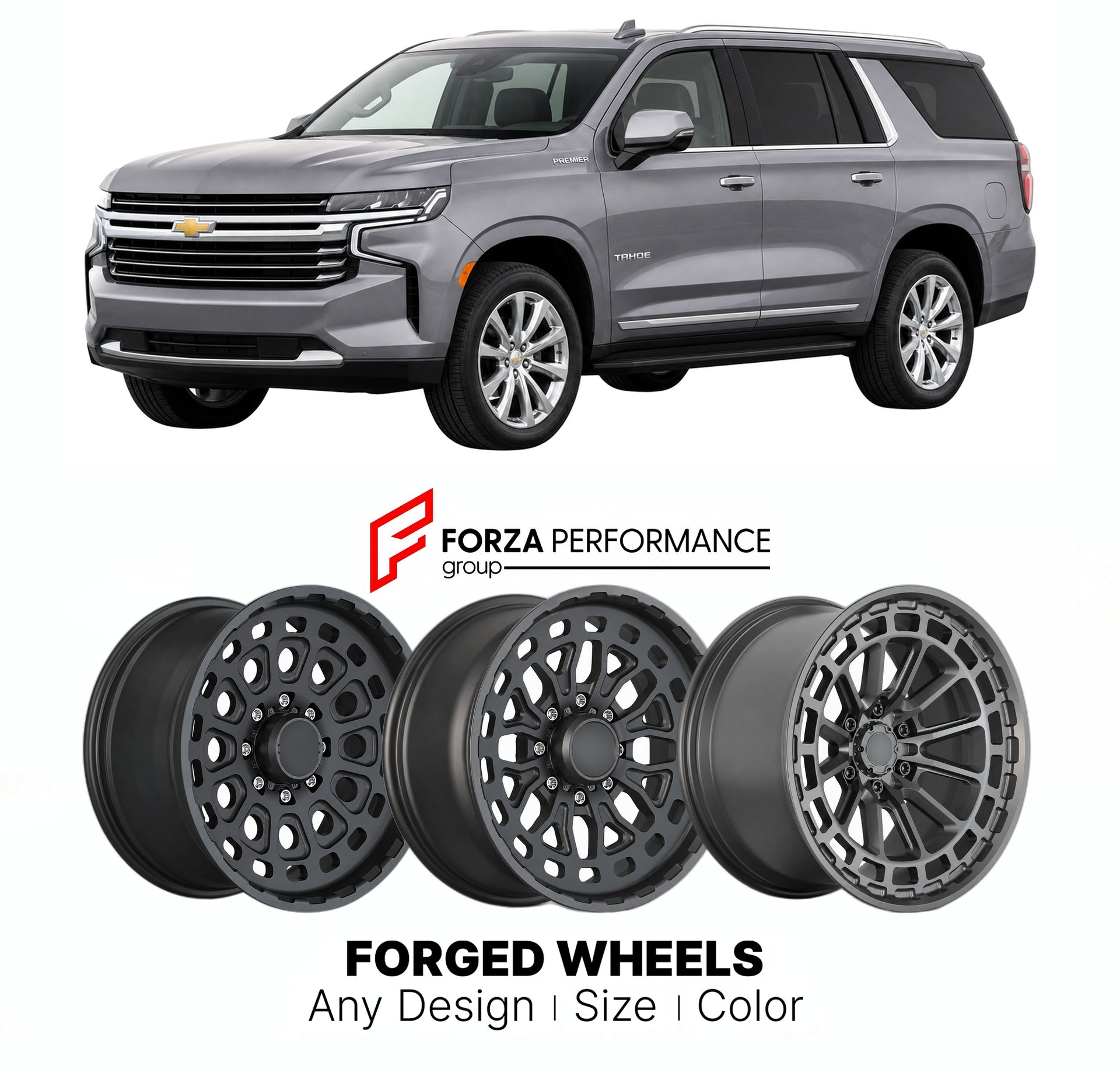 FORGED WHEELS RIMS for CHEVROLET TAHOE PREMIER T1UC 2021+

Custom forged wheels for Chevrolet Tahoe Premier T1UC 2021+. Made-to-order monoblock, 2-piece and 3-piece rims in custom sizes, offsets, colors and finishes with guaranteed fitment.

We manufacture premium quality forged wheels rims for Chevrolet Tahoe Premier T1UC 2021+ in any design, size, color.

THIS WHEEL DESIGN CAN BE CUSTOM-MADE FOR YOUR CAR IN ANY SIZE AND COLOR OPTIONS
Available in monoblock, 2-piece, 3-piece, duoblock, beadlock
3D wheel re