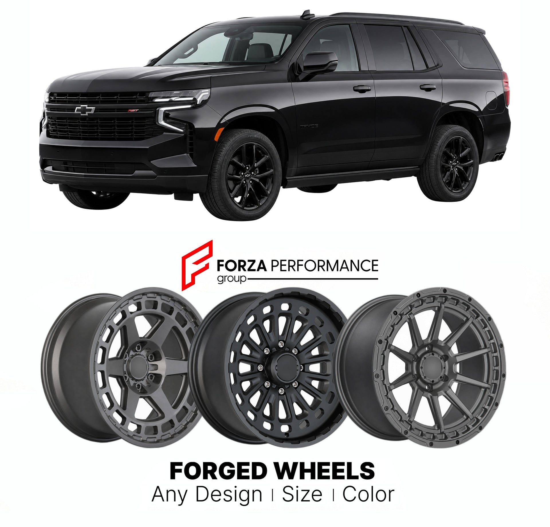 FORGED WHEELS RIMS for CHEVROLET TAHOE RST T1UC 2021+

Custom forged wheels for Chevrolet Tahoe RST T1UC 2021+. Made-to-order monoblock, 2-piece and 3-piece rims in custom sizes, offsets, colors and finishes with guaranteed fitment.

We manufacture premium quality forged wheels rims for Chevrolet Tahoe RST T1UC 2021+ in any design, size, color.

THIS WHEEL DESIGN CAN BE CUSTOM-MADE FOR YOUR CAR IN ANY SIZE AND COLOR OPTIONS
Available in monoblock, 2-piece, 3-piece, duoblock, beadlock
3D wheel renderings are