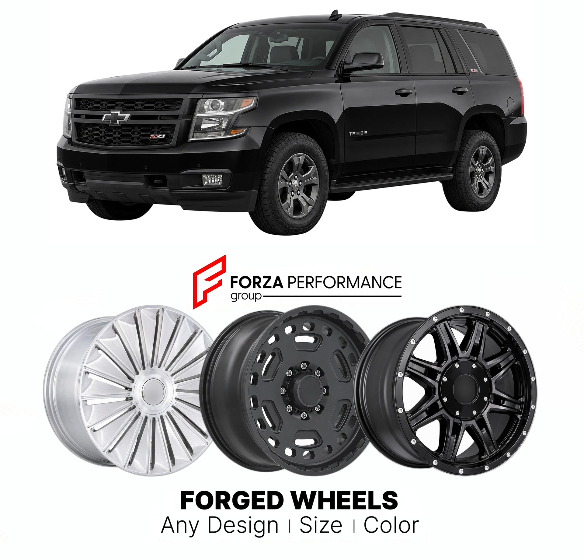 FORGED WHEELS RIMS for CHEVROLET TAHOE Z71 K2UC 2015 - 2020

Custom forged wheels for Chevrolet Tahoe Z71 K2UC 2015 - 2020. Made-to-order monoblock, 2-piece and 3-piece rims in custom sizes, offsets, colors and finishes with guaranteed fitment.

We manufacture premium quality forged wheels rims for Chevrolet Tahoe Z71 K2UC 2015 - 2020 in any design, size, color.

THIS WHEEL DESIGN CAN BE CUSTOM-MADE FOR YOUR CAR IN ANY SIZE AND COLOR OPTIONS
Available in monoblock, 2-piece, 3-piece, duoblock, beadlock
3D wh