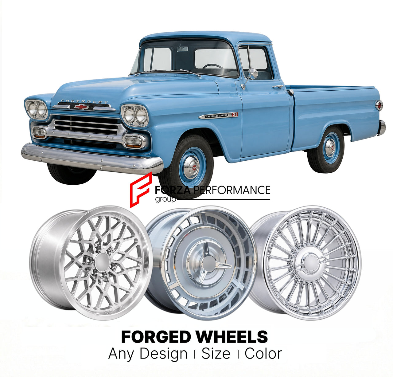 CUSTOM CLASSIC VINTAGE RESTOMOD RETRO OLD SCHOOL FORGED WHEELS RIMS for CHEVROLET TASK FORCE 1958 - 1959
Custom forged wheels for classic American muscle cars. Ideal for restomod builds, vintage restorations, and show cars. Deep dish and retro styling available.

We manufacture premium quality forged wheels rims for Chevrolet Task Force 1958 - 1959 in any design, size, color.

THIS WHEEL DESIGN CAN BE CUSTOM-MADE FOR YOUR CAR IN ANY SIZE AND COLOR OPTIONS
Available in monoblock, 2-piece, 3-piece, duoblock, 