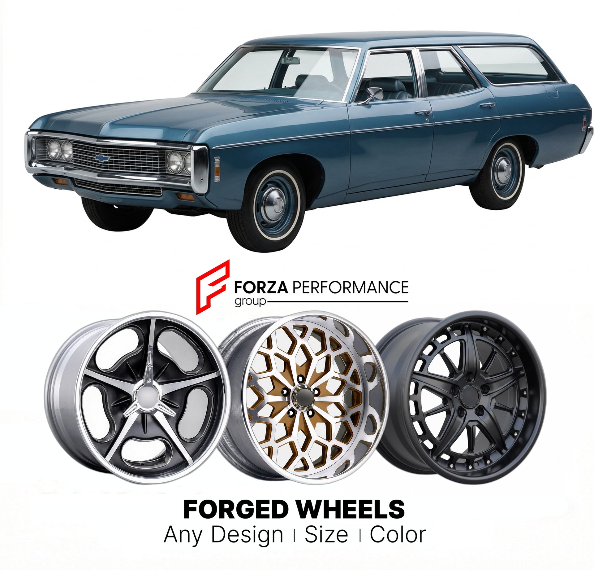 CUSTOM CLASSIC VINTAGE RESTOMOD RETRO OLD SCHOOL FORGED WHEELS RIMS for CHEVROLET TOWNSMAN 1969 - 1972
Custom forged wheels for classic American muscle cars. Ideal for restomod builds, vintage restorations, and show cars. Deep dish and retro styling available.

We manufacture premium quality forged wheels rims for Chevrolet Townsman 1969 - 1972 in any design, size, color.

THIS WHEEL DESIGN CAN BE CUSTOM-MADE FOR YOUR CAR IN ANY SIZE AND COLOR OPTIONS
Available in monoblock, 2-piece, 3-piece, duoblock, bead