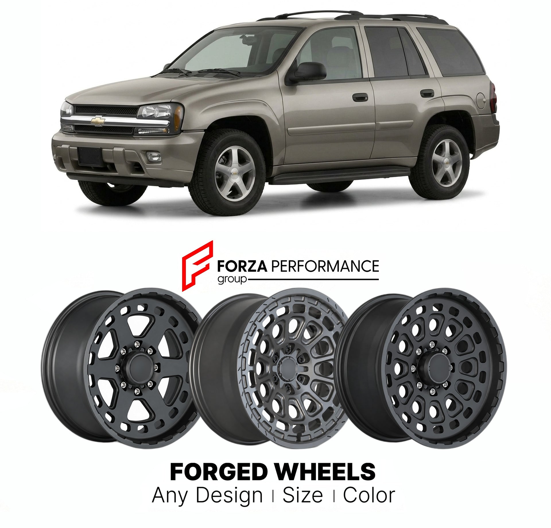 FORGED WHEELS RIMS for CHEVROLET TRAILBLAZER 2002 - 2009

Custom forged wheels for Chevrolet TrailBlazer 2002 - 2009. Made-to-order monoblock, 2-piece and 3-piece rims in custom sizes, offsets, colors and finishes with guaranteed fitment.

We manufacture premium quality forged wheels rims for Chevrolet TrailBlazer 2002 - 2009 in any design, size, color.

THIS WHEEL DESIGN CAN BE CUSTOM-MADE FOR YOUR CAR IN ANY SIZE AND COLOR OPTIONS
Available in monoblock, 2-piece, 3-piece, duoblock, beadlock
3D wheel rende