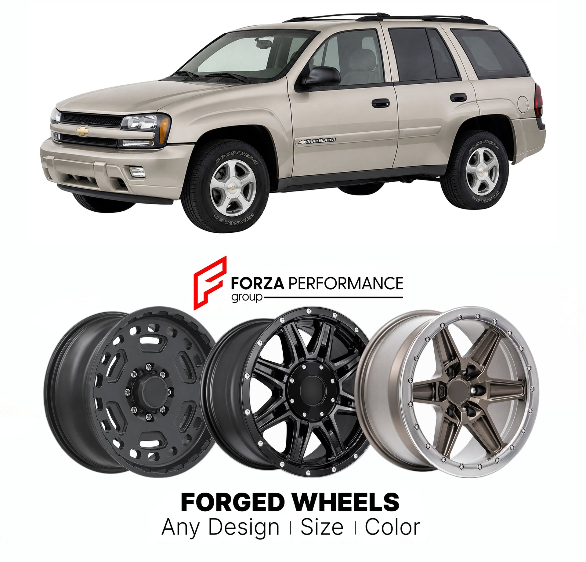 FORGED WHEELS RIMS for CHEVROLET TRAILBLAZER LT GMT360 2002 - 2009

Custom forged wheels for Chevrolet TrailBlazer LT GMT360 2002 - 2009. Made-to-order monoblock, 2-piece and 3-piece rims in custom sizes, offsets, colors and finishes with guaranteed fitment.

We manufacture premium quality forged wheels rims for Chevrolet TrailBlazer LT GMT360 2002 - 2009 in any design, size, color.

THIS WHEEL DESIGN CAN BE CUSTOM-MADE FOR YOUR CAR IN ANY SIZE AND COLOR OPTIONS
Available in monoblock, 2-piece, 3-piece, duo