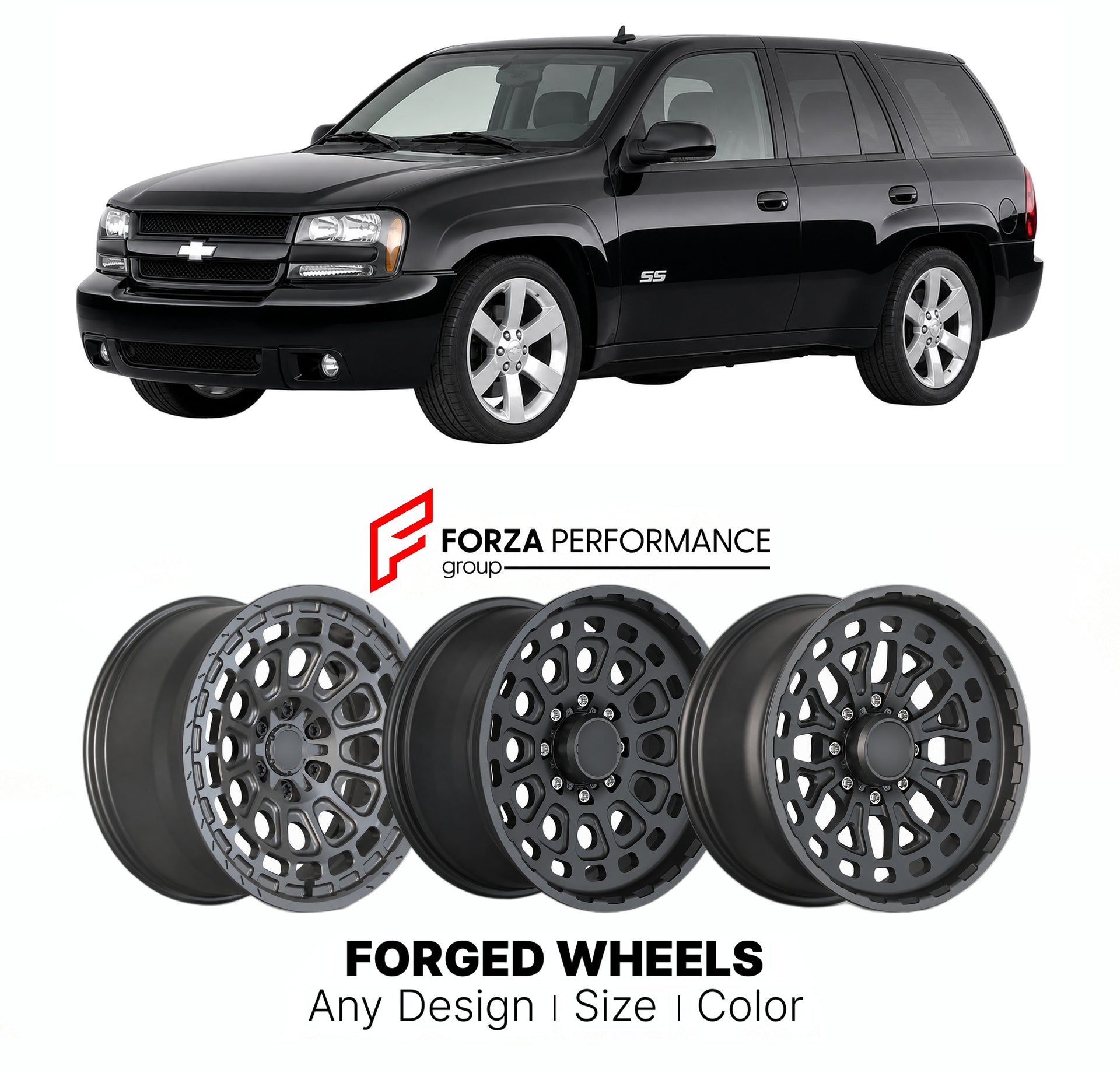 FORGED WHEELS RIMS for CHEVROLET TRAILBLAZER SS 2006 - 2009

Custom forged wheels for Chevrolet TrailBlazer SS 2006 - 2009. Made-to-order monoblock, 2-piece and 3-piece rims in custom sizes, offsets, colors and finishes with guaranteed fitment.

We manufacture premium quality forged wheels rims for Chevrolet TrailBlazer SS 2006 - 2009 in any design, size, color.

THIS WHEEL DESIGN CAN BE CUSTOM-MADE FOR YOUR CAR IN ANY SIZE AND COLOR OPTIONS
Available in monoblock, 2-piece, 3-piece, duoblock, beadlock
3D wh