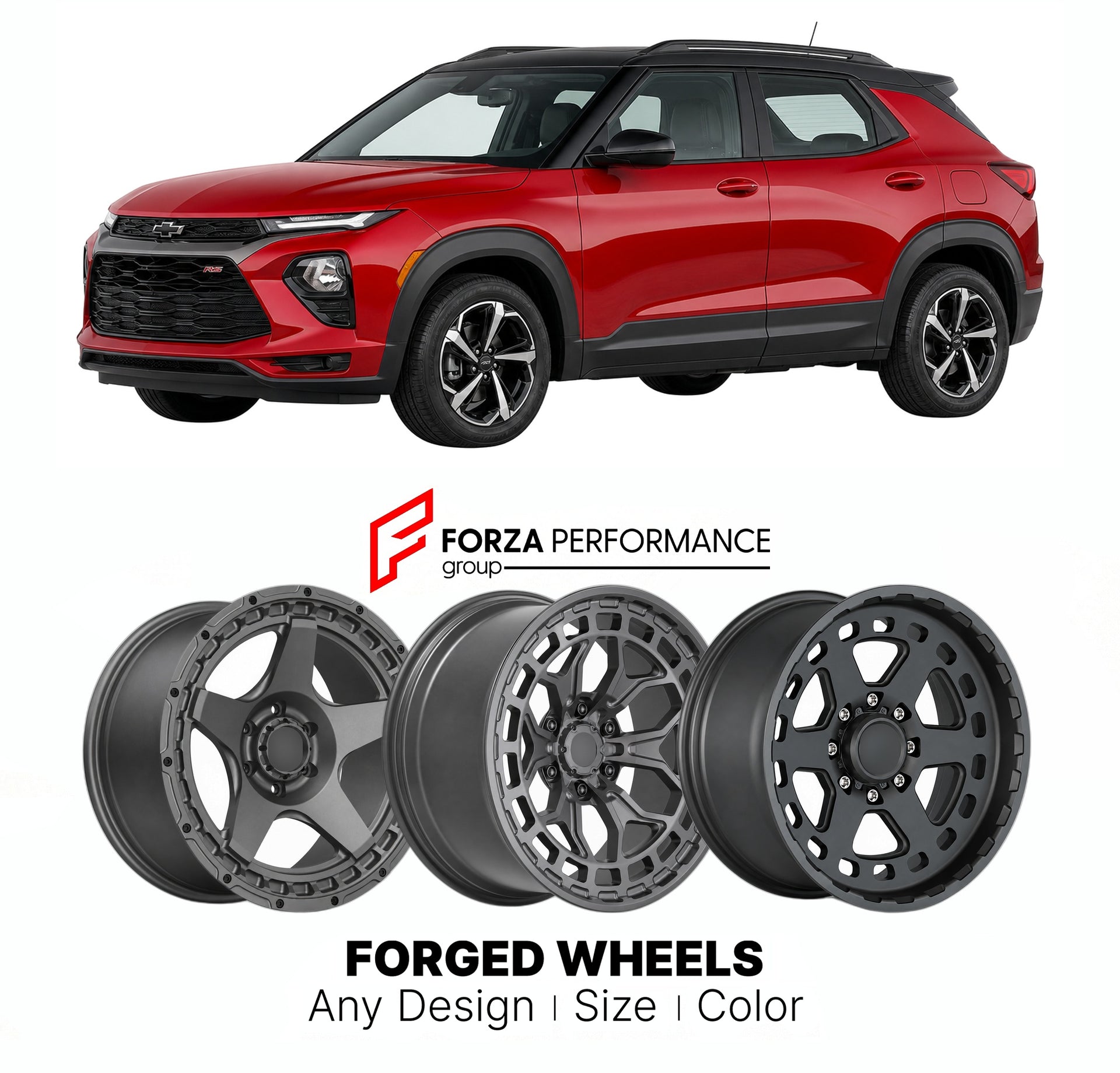 FORGED WHEELS RIMS for CHEVROLET TRAILBLAZER RS 2021+

Custom forged wheels for Chevrolet Trailblazer RS 2021+. Made-to-order monoblock, 2-piece and 3-piece rims in custom sizes, offsets, colors and finishes with guaranteed fitment.

We manufacture premium quality forged wheels rims for Chevrolet Trailblazer RS 2021+ in any design, size, color.

THIS WHEEL DESIGN CAN BE CUSTOM-MADE FOR YOUR CAR IN ANY SIZE AND COLOR OPTIONS
Available in monoblock, 2-piece, 3-piece, duoblock, beadlock
3D wheel renderings are