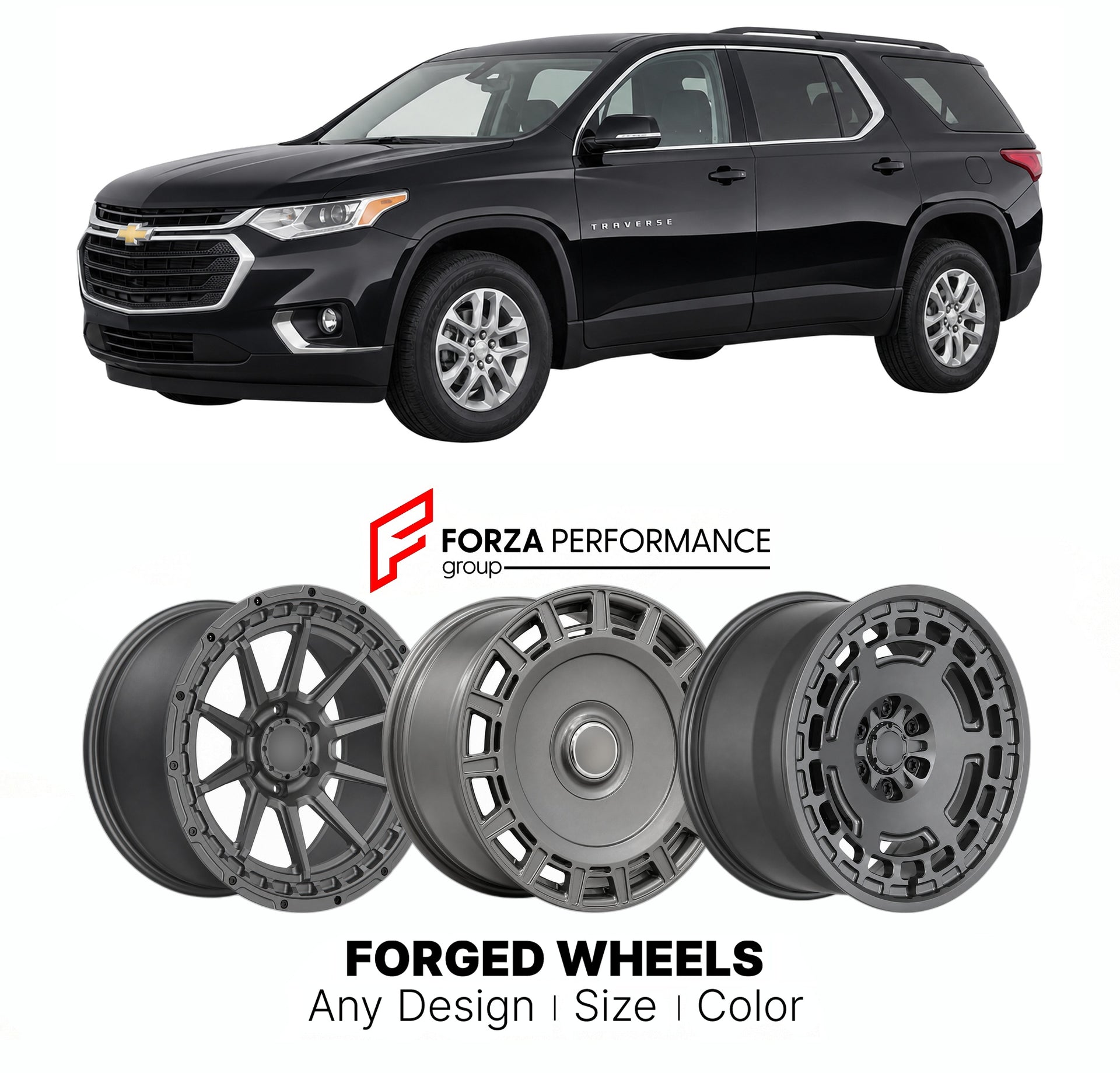 FORGED WHEELS RIMS for CHEVROLET TRAVERSE 2018 - 2023

Custom forged wheels for Chevrolet Traverse 2018 - 2023. Made-to-order monoblock, 2-piece and 3-piece rims in custom sizes, offsets, colors and finishes with guaranteed fitment.

We manufacture premium quality forged wheels rims for Chevrolet Traverse 2018 - 2023 in any design, size, color.

THIS WHEEL DESIGN CAN BE CUSTOM-MADE FOR YOUR CAR IN ANY SIZE AND COLOR OPTIONS
Available in monoblock, 2-piece, 3-piece, duoblock, beadlock
3D wheel renderings are