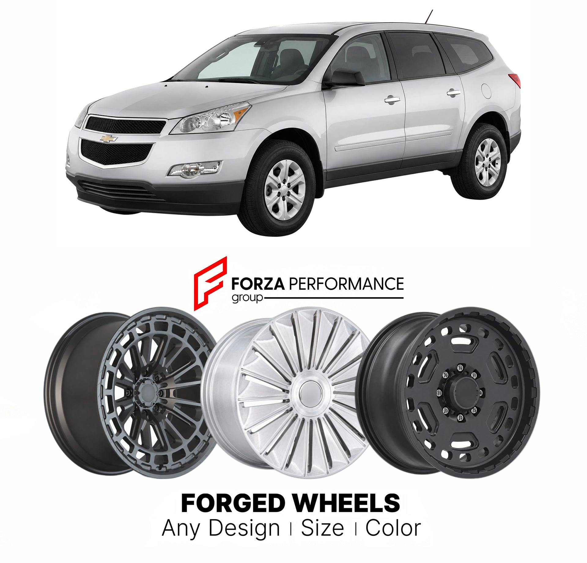 FORGED WHEELS RIMS for CHEVROLET TRAVERSE LS 2009+

Custom forged wheels for Chevrolet Traverse LS 2009+. Made-to-order monoblock, 2-piece and 3-piece rims in custom sizes, offsets, colors and finishes with guaranteed fitment.

We manufacture premium quality forged wheels rims for Chevrolet Traverse LS 2009+ in any design, size, color.

THIS WHEEL DESIGN CAN BE CUSTOM-MADE FOR YOUR CAR IN ANY SIZE AND COLOR OPTIONS
Available in monoblock, 2-piece, 3-piece, duoblock, beadlock
3D wheel renderings are provided
