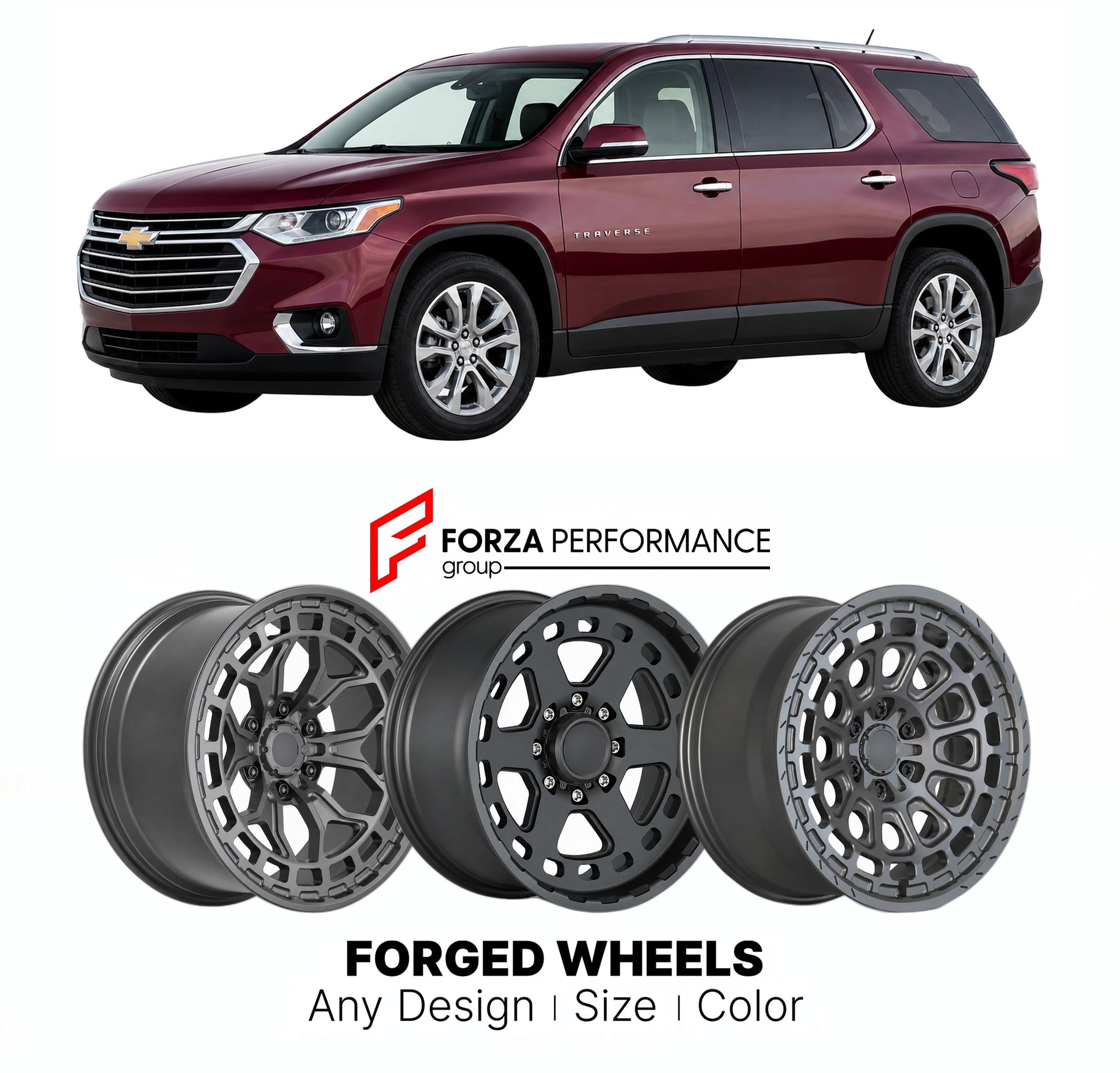 FORGED WHEELS RIMS for CHEVROLET TRAVERSE PREMIER 2009+

Custom forged wheels for Chevrolet Traverse Premier 2009+. Made-to-order monoblock, 2-piece and 3-piece rims in custom sizes, offsets, colors and finishes with guaranteed fitment.

We manufacture premium quality forged wheels rims for Chevrolet Traverse Premier 2009+ in any design, size, color.

THIS WHEEL DESIGN CAN BE CUSTOM-MADE FOR YOUR CAR IN ANY SIZE AND COLOR OPTIONS
Available in monoblock, 2-piece, 3-piece, duoblock, beadlock
3D wheel renderin