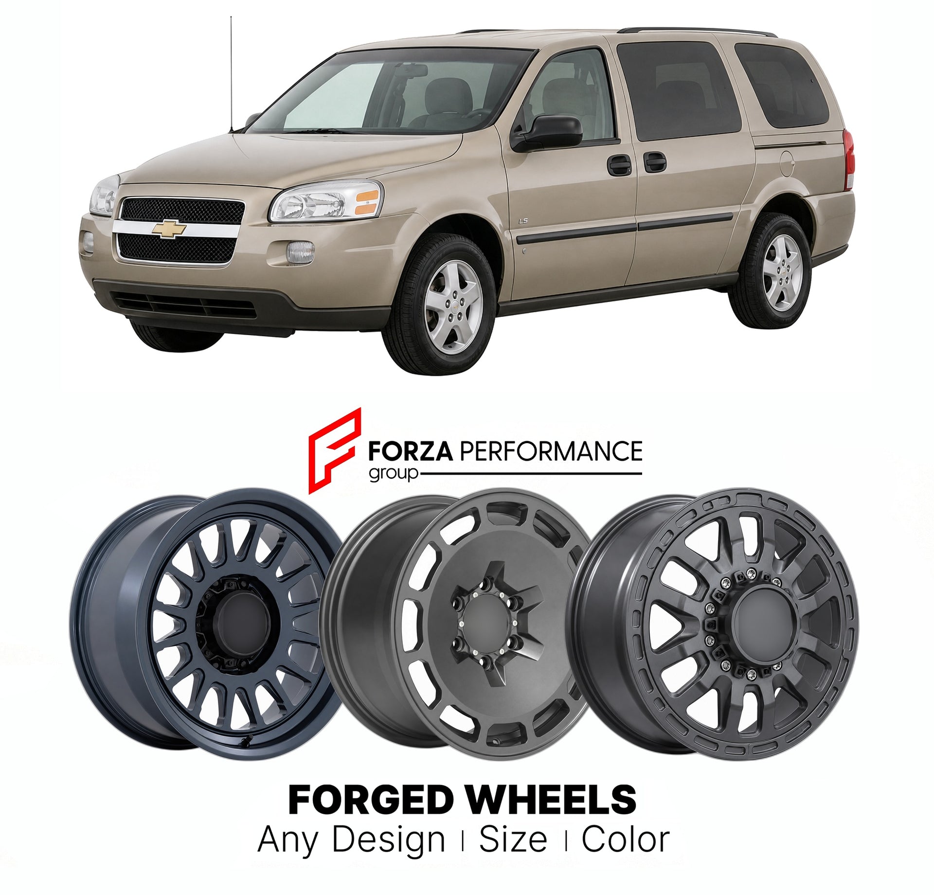 FORGED WHEELS RIMS for CHEVROLET UPLANDER LS 2005 - 2009

Custom forged wheels for Chevrolet Uplander LS 2005 - 2009. Made-to-order monoblock, 2-piece and 3-piece rims in custom sizes, offsets, colors and finishes with guaranteed fitment.

We manufacture premium quality forged wheels rims for Chevrolet Uplander LS 2005 - 2009 in any design, size, color.

THIS WHEEL DESIGN CAN BE CUSTOM-MADE FOR YOUR CAR IN ANY SIZE AND COLOR OPTIONS
Available in monoblock, 2-piece, 3-piece, duoblock, beadlock
3D wheel rende
