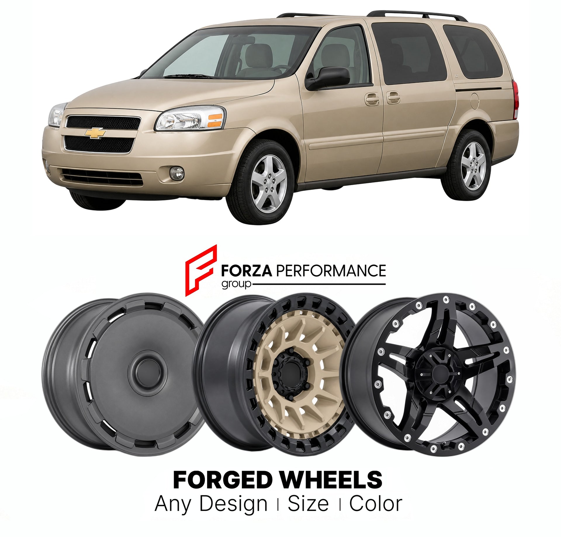 FORGED WHEELS RIMS for CHEVROLET UPLANDER LT 2005 - 2009

Custom forged wheels for Chevrolet Uplander LT 2005 - 2009. Made-to-order monoblock, 2-piece and 3-piece rims in custom sizes, offsets, colors and finishes with guaranteed fitment.

We manufacture premium quality forged wheels rims for Chevrolet Uplander LT 2005 - 2009 in any design, size, color.

THIS WHEEL DESIGN CAN BE CUSTOM-MADE FOR YOUR CAR IN ANY SIZE AND COLOR OPTIONS
Available in monoblock, 2-piece, 3-piece, duoblock, beadlock
3D wheel rende