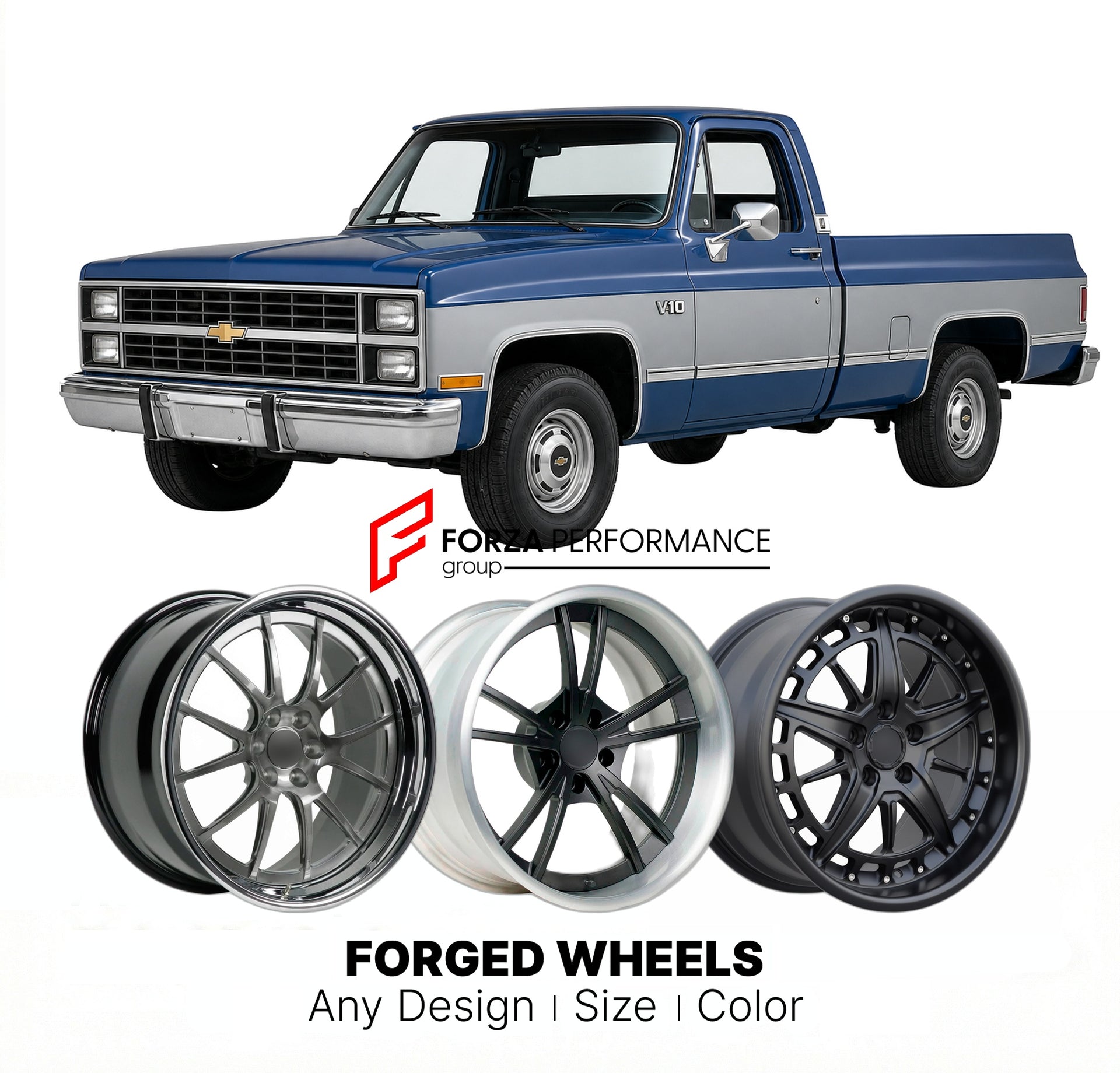 CUSTOM CLASSIC VINTAGE RESTOMOD RETRO OLD SCHOOL FORGED WHEELS RIMS for CHEVROLET V10 1987
Custom forged wheels for classic American muscle cars. Ideal for restomod builds, vintage restorations, and show cars. Deep dish and retro styling available.

We manufacture premium quality forged wheels rims for Chevrolet V10 1987 in any design, size, color.

THIS WHEEL DESIGN CAN BE CUSTOM-MADE FOR YOUR CAR IN ANY SIZE AND COLOR OPTIONS
Available in monoblock, 2-piece, 3-piece, duoblock, beadlock
3D wheel renderings