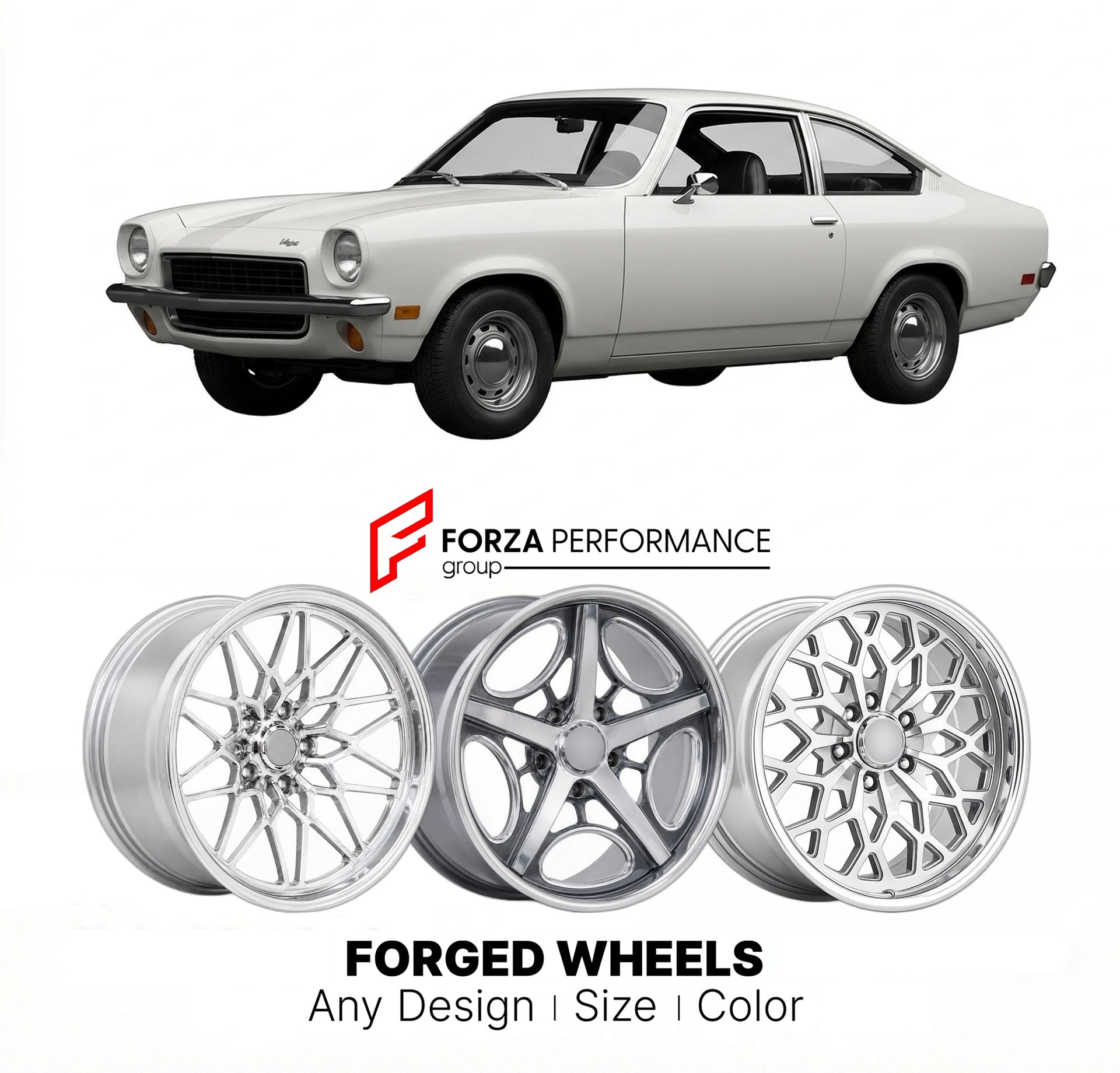 CUSTOM CLASSIC VINTAGE RESTOMOD RETRO OLD SCHOOL FORGED WHEELS RIMS for CHEVROLET VEGA 1970 - 1977
Custom forged wheels for classic American muscle cars. Ideal for restomod builds, vintage restorations, and show cars. Deep dish and retro styling available.

We manufacture premium quality forged wheels rims for Chevrolet Vega 1970 - 1977 in any design, size, color.

THIS WHEEL DESIGN CAN BE CUSTOM-MADE FOR YOUR CAR IN ANY SIZE AND COLOR OPTIONS
Available in monoblock, 2-piece, 3-piece, duoblock, beadlock
3D 