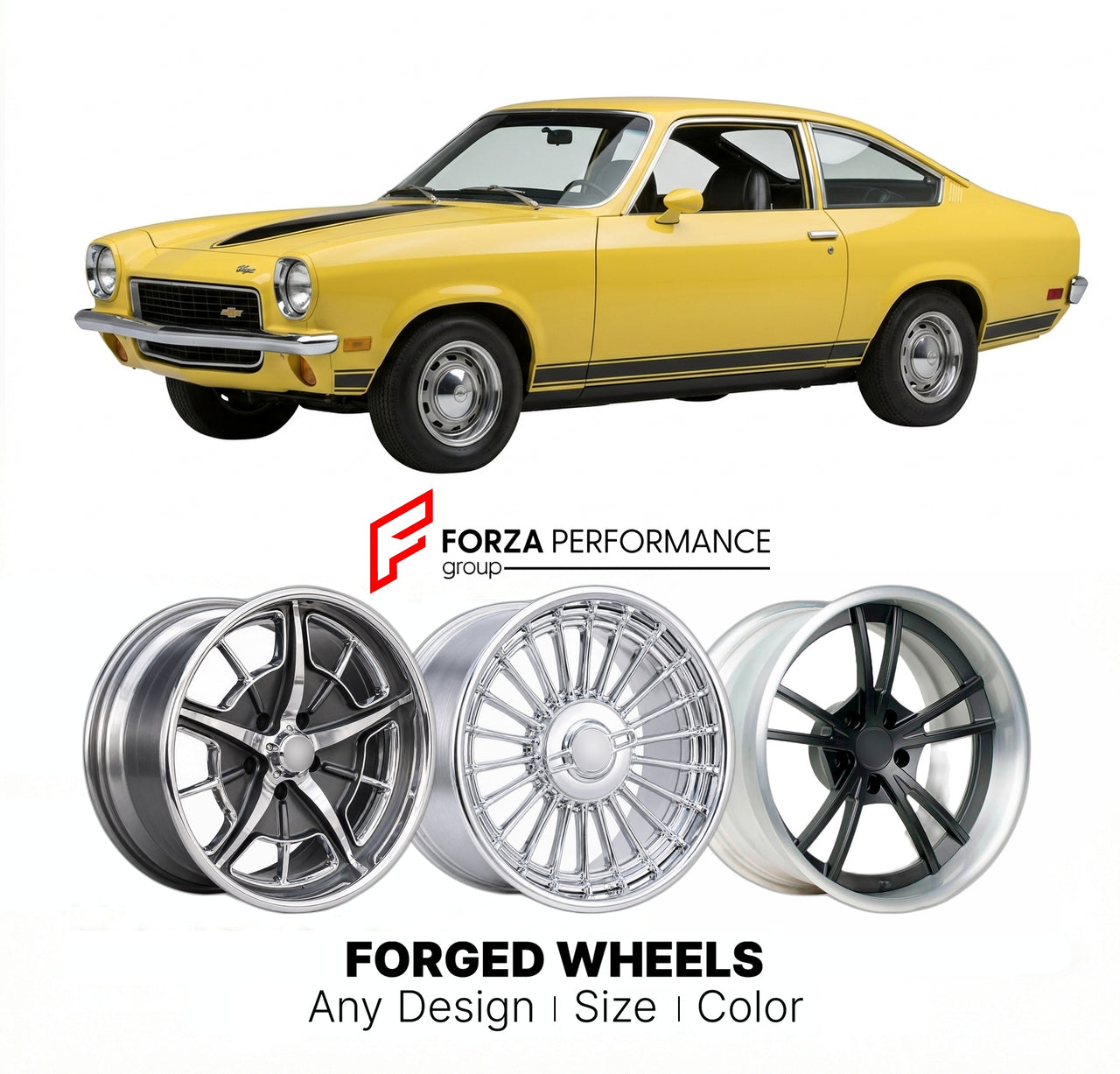 CUSTOM CLASSIC VINTAGE RESTOMOD RETRO OLD SCHOOL FORGED WHEELS RIMS for CHEVROLET VEGA GT 1971 - 1977
Custom forged wheels for classic American muscle cars. Ideal for restomod builds, vintage restorations, and show cars. Deep dish and retro styling available.

We manufacture premium quality forged wheels rims for Chevrolet Vega GT 1971 - 1977 in any design, size, color.

THIS WHEEL DESIGN CAN BE CUSTOM-MADE FOR YOUR CAR IN ANY SIZE AND COLOR OPTIONS
Available in monoblock, 2-piece, 3-piece, duoblock, beadlo
