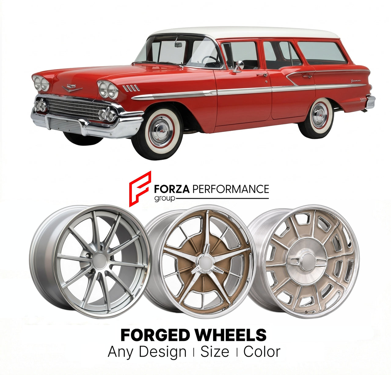 CUSTOM CLASSIC VINTAGE RESTOMOD RETRO OLD SCHOOL FORGED WHEELS RIMS for CHEVROLET YEOMAN 1958 - 1961
Custom forged wheels for classic American muscle cars. Ideal for restomod builds, vintage restorations, and show cars. Deep dish and retro styling available.

We manufacture premium quality forged wheels rims for Chevrolet Yeoman 1958 - 1961 in any design, size, color.

THIS WHEEL DESIGN CAN BE CUSTOM-MADE FOR YOUR CAR IN ANY SIZE AND COLOR OPTIONS
Available in monoblock, 2-piece, 3-piece, duoblock, beadlock