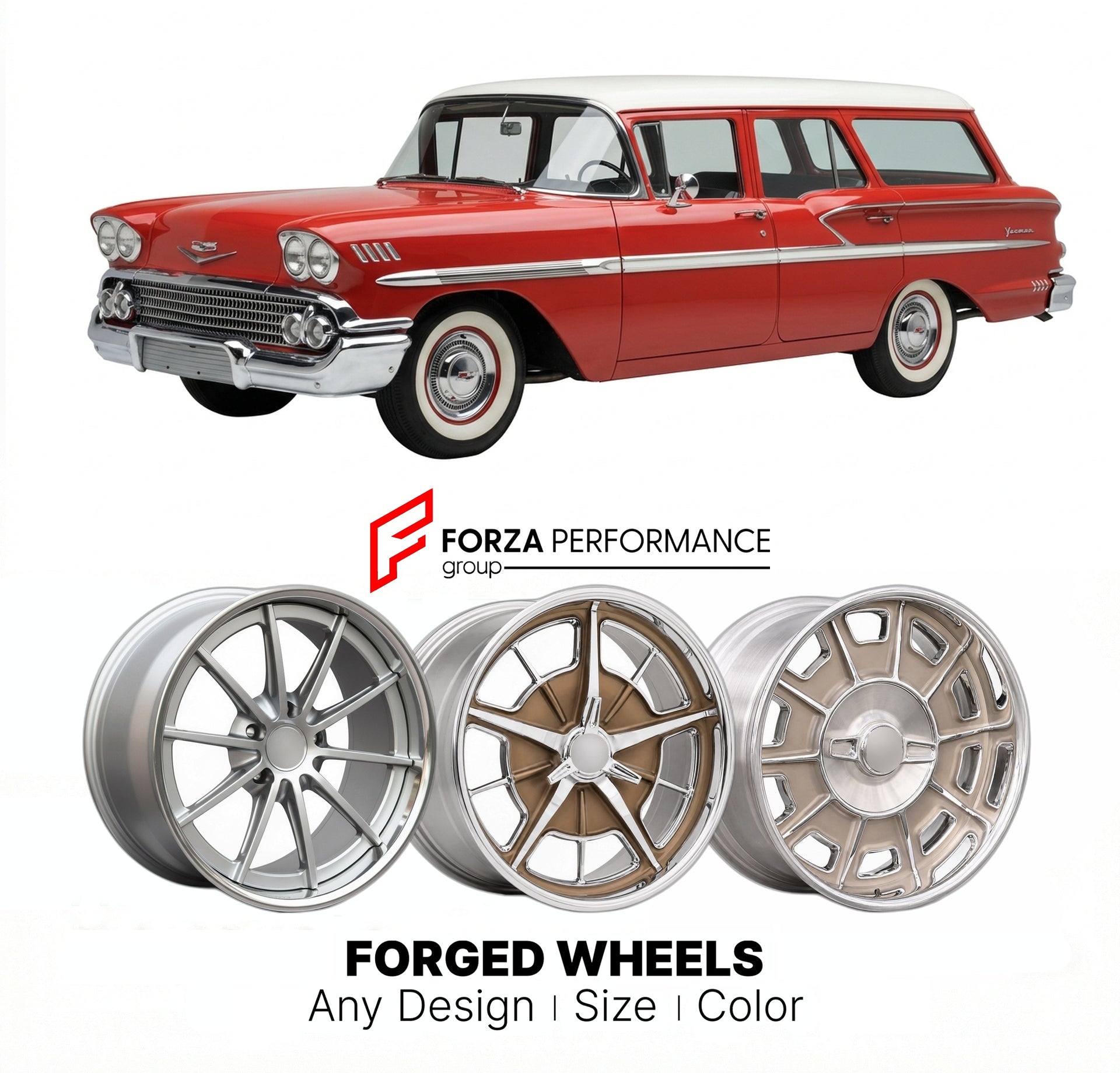 CUSTOM CLASSIC VINTAGE RESTOMOD RETRO OLD SCHOOL FORGED WHEELS RIMS for CHEVROLET YEOMAN 1958 - 1961
Custom forged wheels for classic American muscle cars. Ideal for restomod builds, vintage restorations, and show cars. Deep dish and retro styling available.

We manufacture premium quality forged wheels rims for Chevrolet Yeoman 1958 - 1961 in any design, size, color.

THIS WHEEL DESIGN CAN BE CUSTOM-MADE FOR YOUR CAR IN ANY SIZE AND COLOR OPTIONS
Available in monoblock, 2-piece, 3-piece, duoblock, beadlock