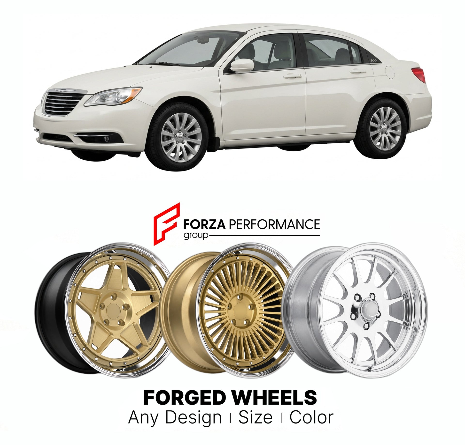 FORGED WHEELS RIMS for CHRYSLER 200 2011 - 2017

Custom forged wheels for Chrysler 200 2011 - 2017. Made-to-order monoblock, 2-piece and 3-piece rims in custom sizes, offsets, colors and finishes with guaranteed fitment.

We manufacture premium quality forged wheels rims for Chrysler 200 2011 - 2017 in any design, size, color.

THIS WHEEL DESIGN CAN BE CUSTOM-MADE FOR YOUR CAR IN ANY SIZE AND COLOR OPTIONS
Available in monoblock, 2-piece, 3-piece, duoblock, beadlock
3D wheel renderings are provided accordin