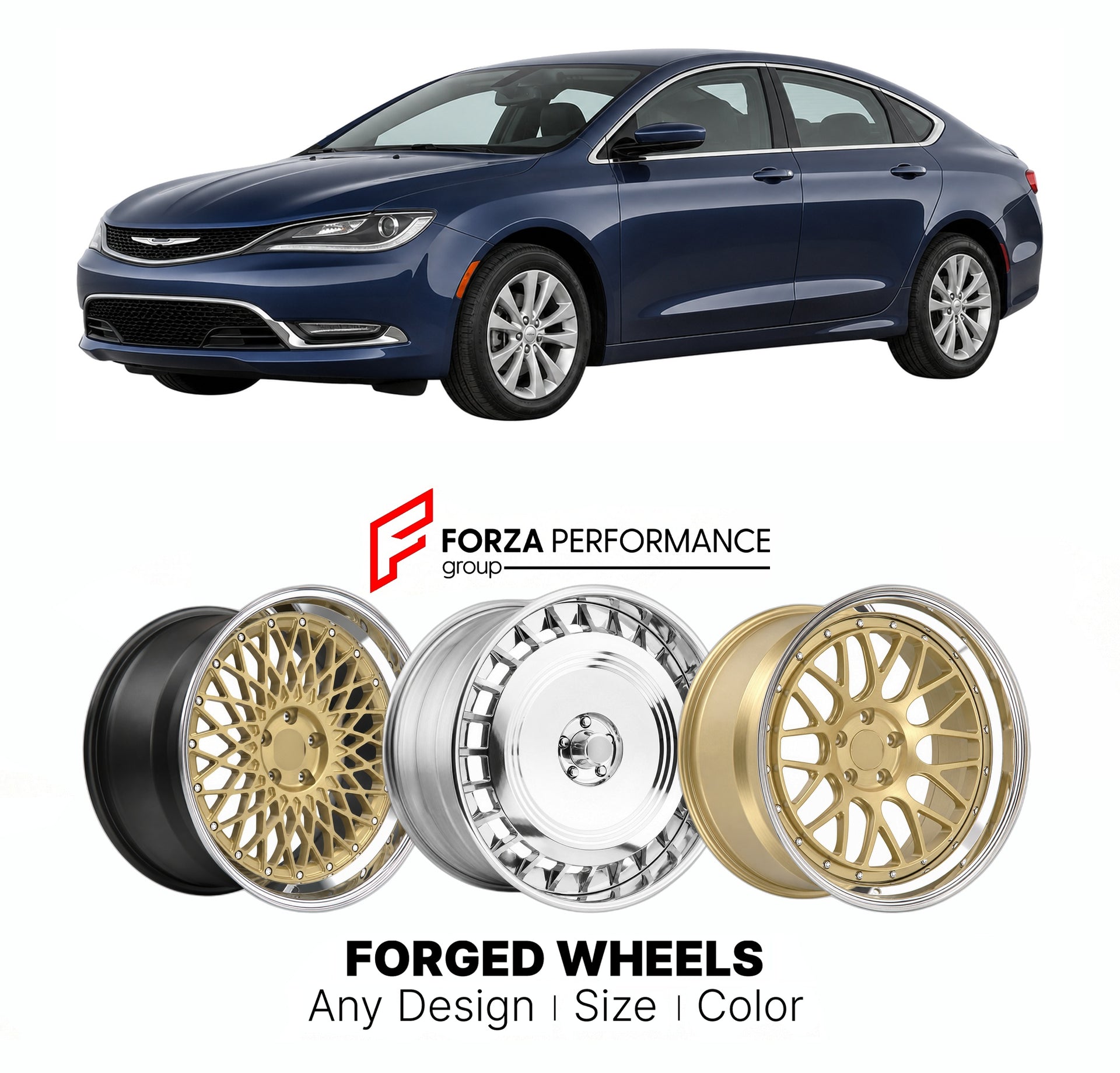 FORGED WHEELS RIMS for CHRYSLER 200 2015 - 2017

Custom forged wheels for Chrysler 200 2015 - 2017. Made-to-order monoblock, 2-piece and 3-piece rims in custom sizes, offsets, colors and finishes with guaranteed fitment.

We manufacture premium quality forged wheels rims for Chrysler 200 2015 - 2017 in any design, size, color.

THIS WHEEL DESIGN CAN BE CUSTOM-MADE FOR YOUR CAR IN ANY SIZE AND COLOR OPTIONS
Available in monoblock, 2-piece, 3-piece, duoblock, beadlock
3D wheel renderings are provided accordin
